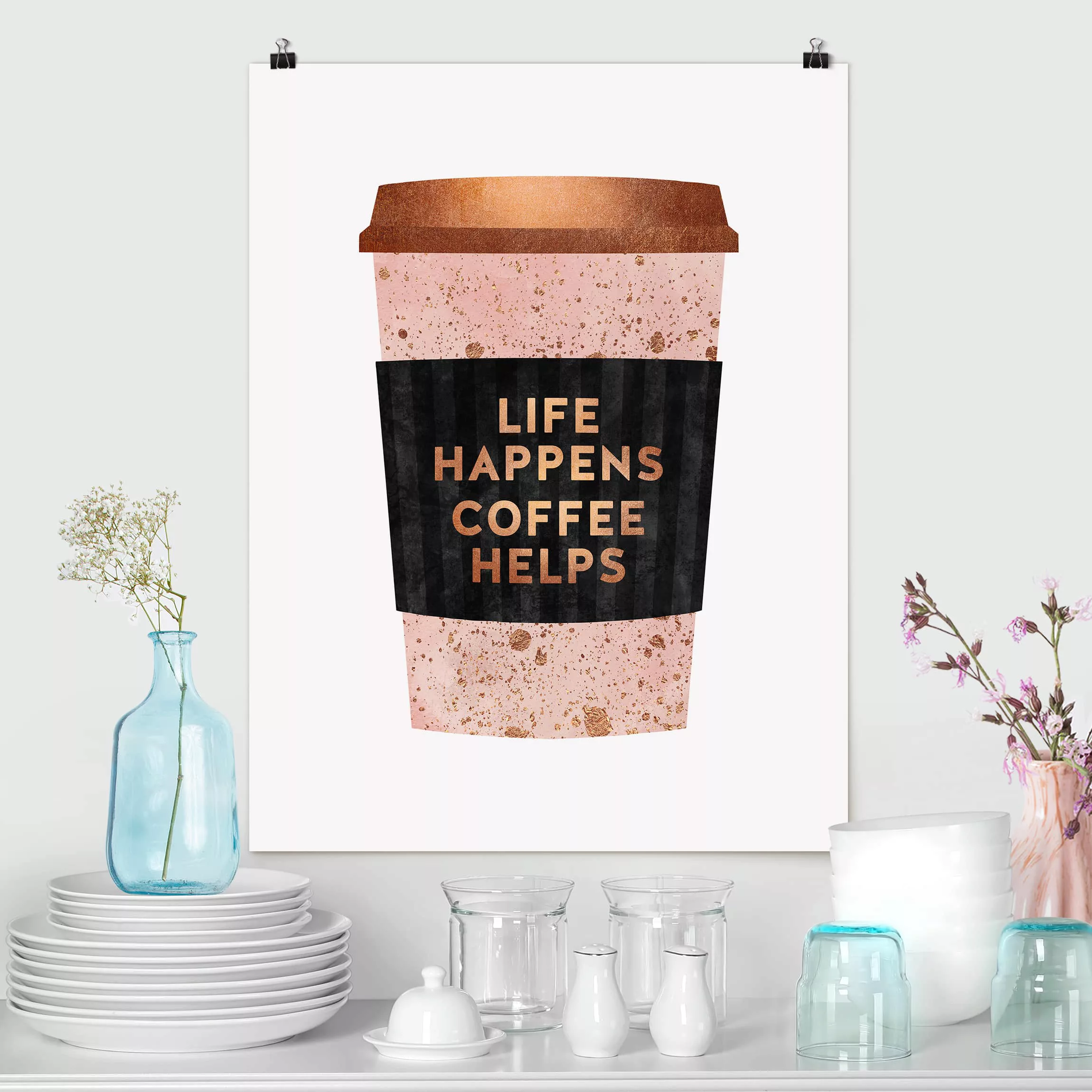 Poster Spruch - Hochformat Life Happens Coffee Helps Gold günstig online kaufen