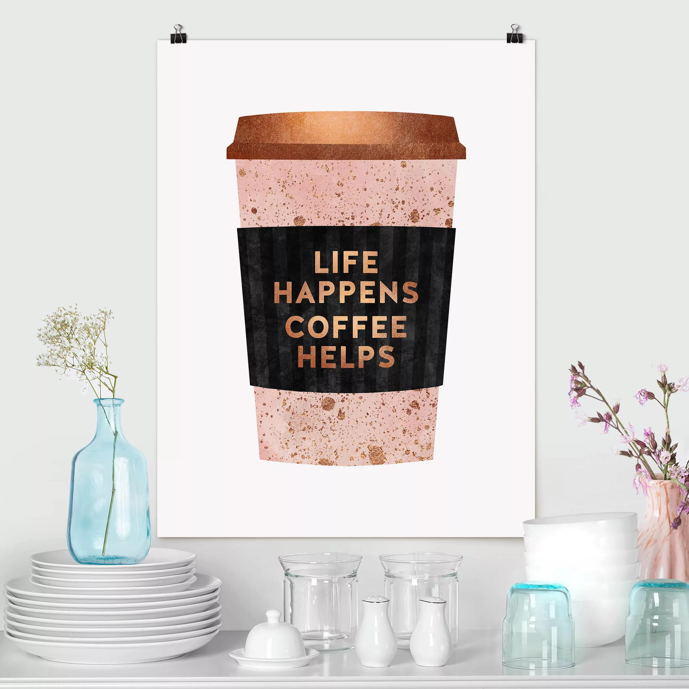 Poster - Hochformat Life Happens Coffee Helps Gold günstig online kaufen