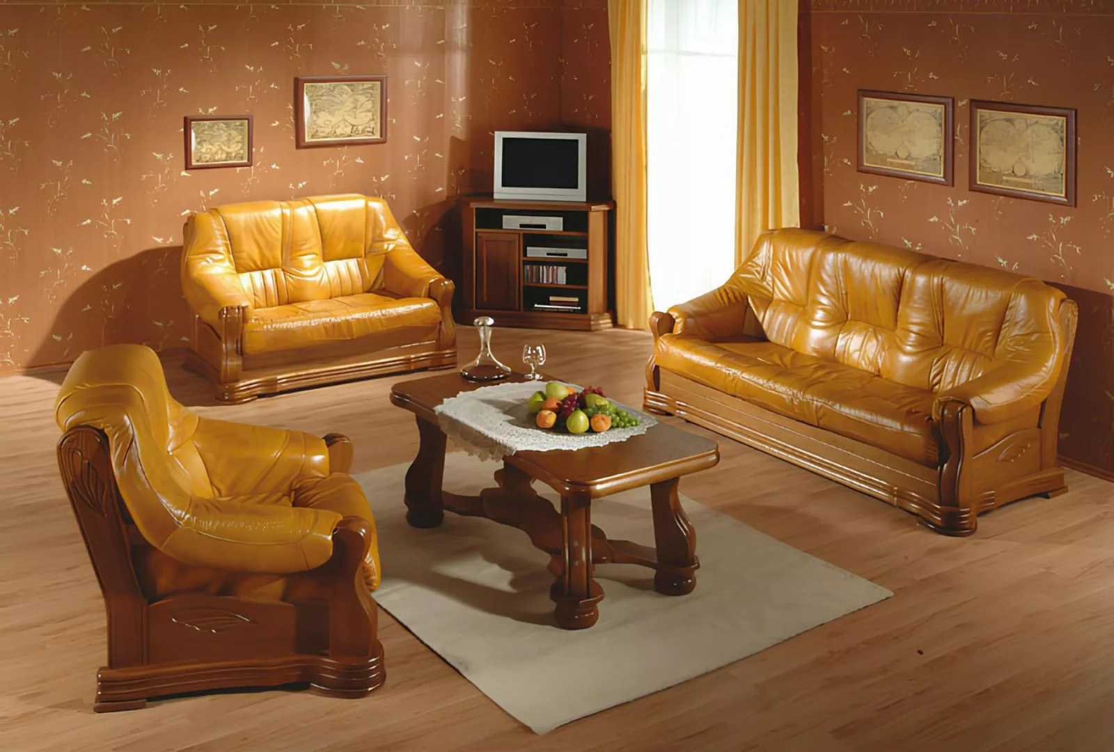 Xlmoebel Sofa Holz-Leder-Sofa-Set in klassischem Stil mit 3-Sitzer, 2-Sitze günstig online kaufen