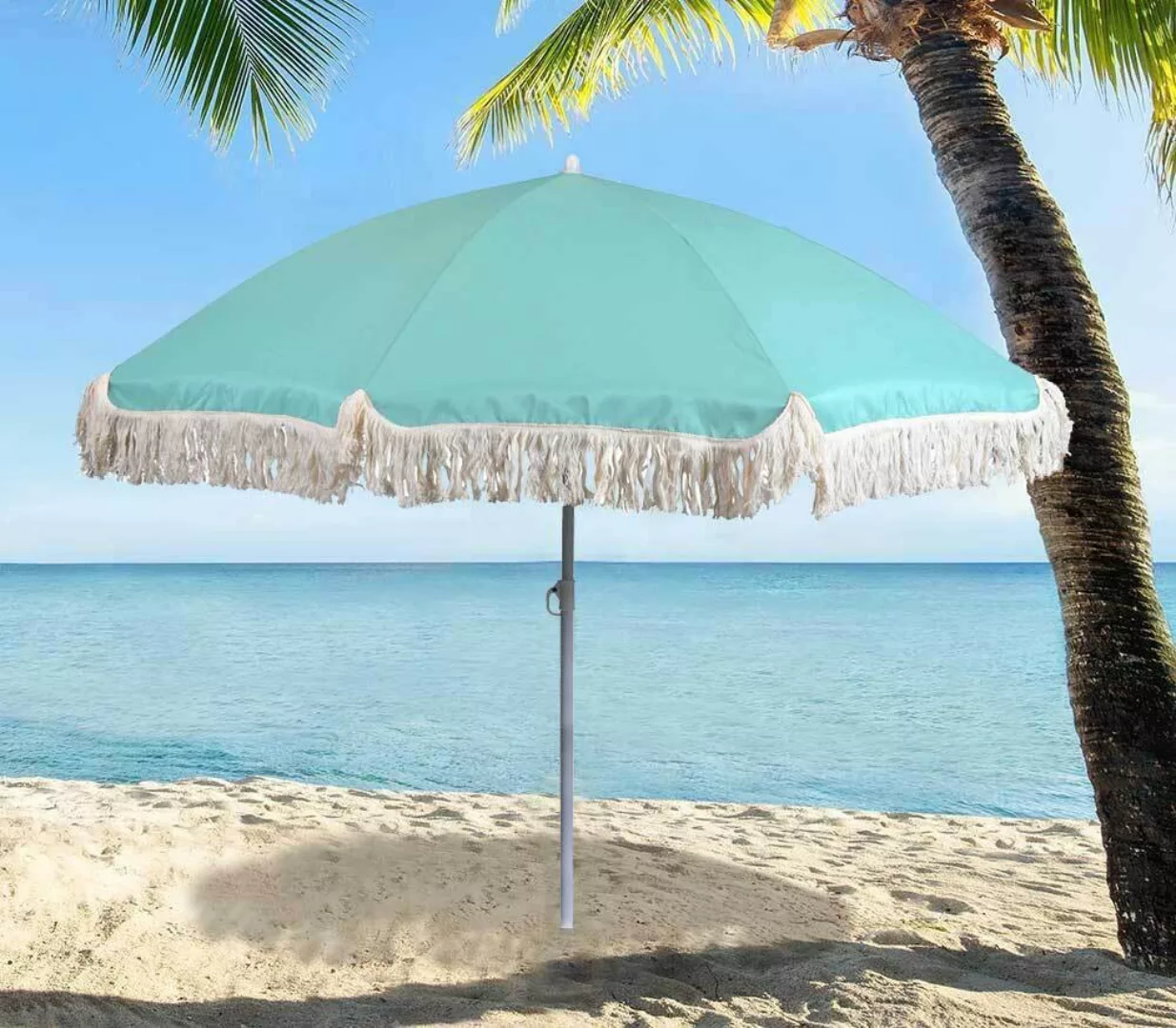 Sonnenschirm BALI Türkis mit Fransen UV Schutz Knickbar Erdspieß Ø 160cm günstig online kaufen