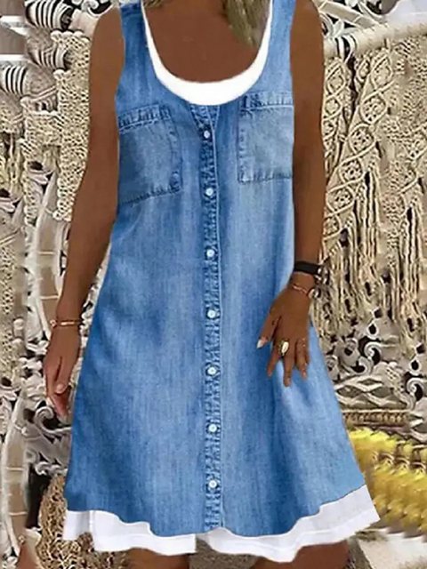 KIKI Jeanskleid Lässiges ärmelloses Jeanskleid, Rüschenkleid mit Rundhalsau günstig online kaufen