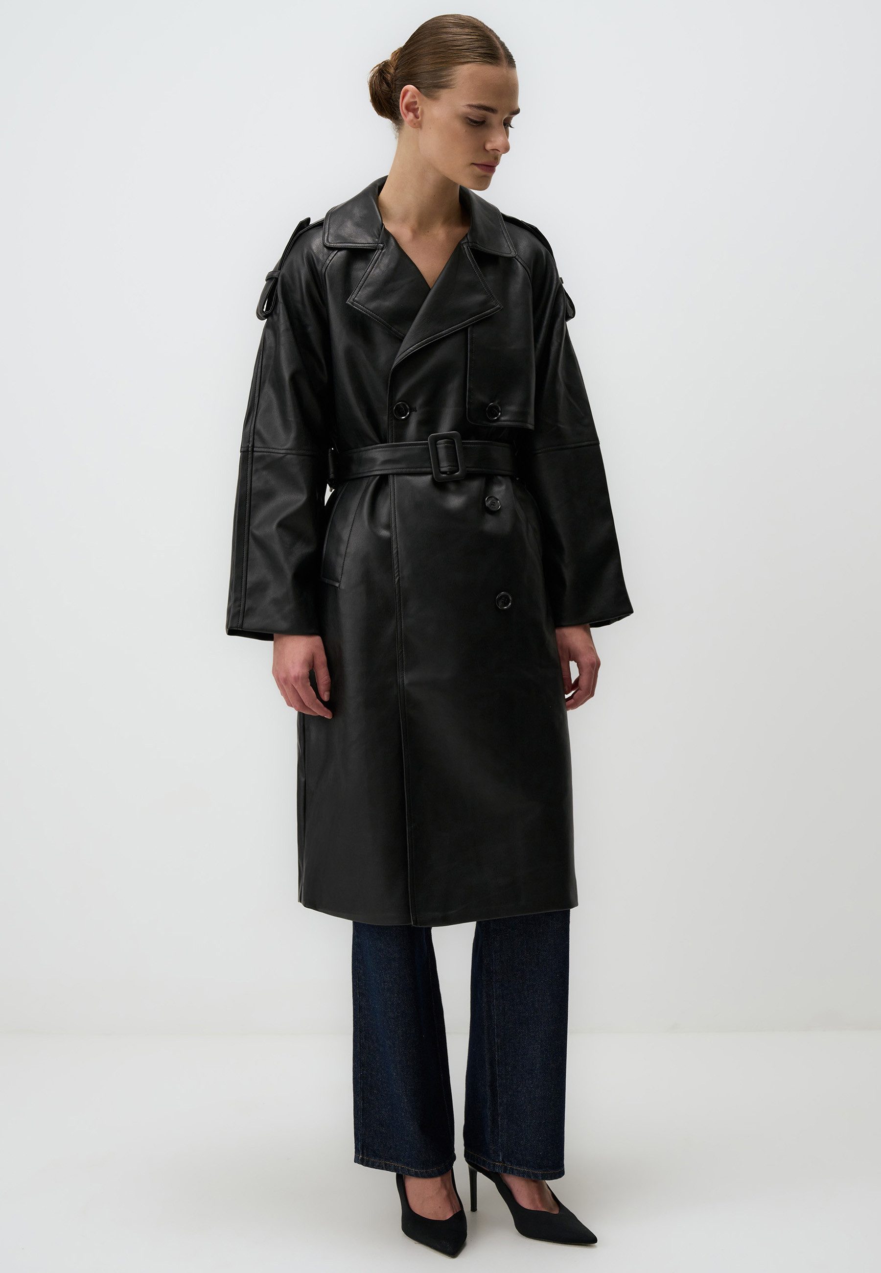 Jimmy Key Trenchcoat Schwarzer Leder-Trenchcoat Mit günstig online kaufen