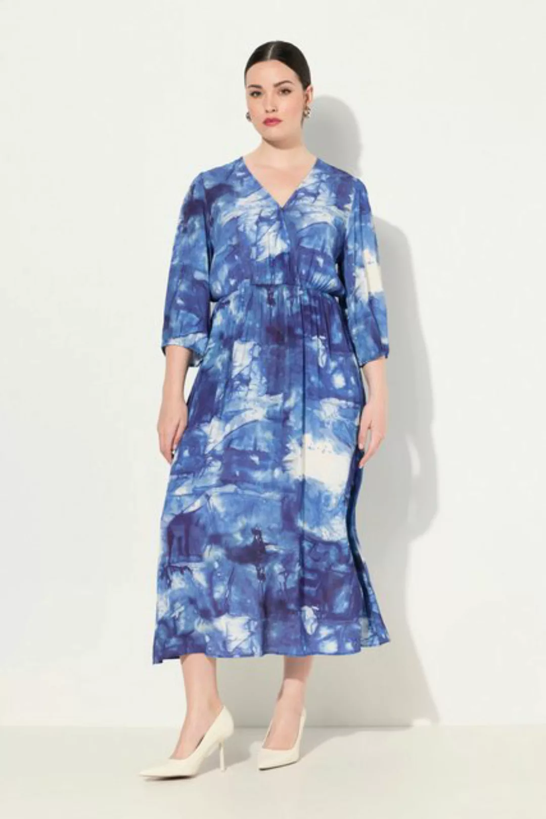 Ulla Popken Sommerkleid Maxikleid Batikmuster Wickeloptik V-Ausschnitt günstig online kaufen