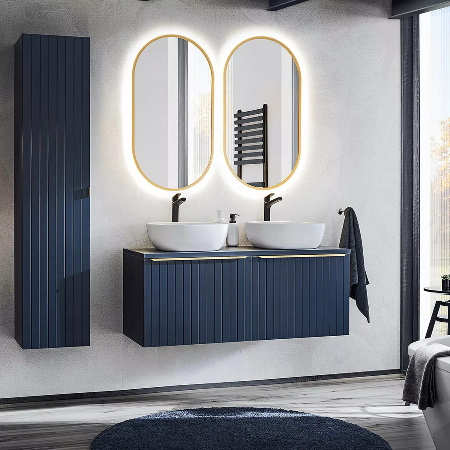 Doppelwaschtisch mit Hochschrank und LED Spiegel in Indigo Blau PUEBLA-56-B günstig online kaufen