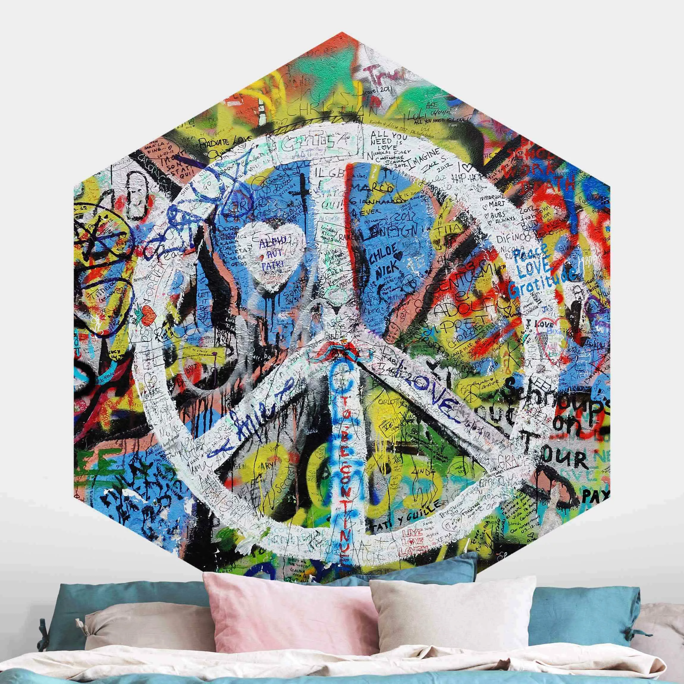 Hexagon Mustertapete selbstklebend Graffiti Wall Peace Sign günstig online kaufen