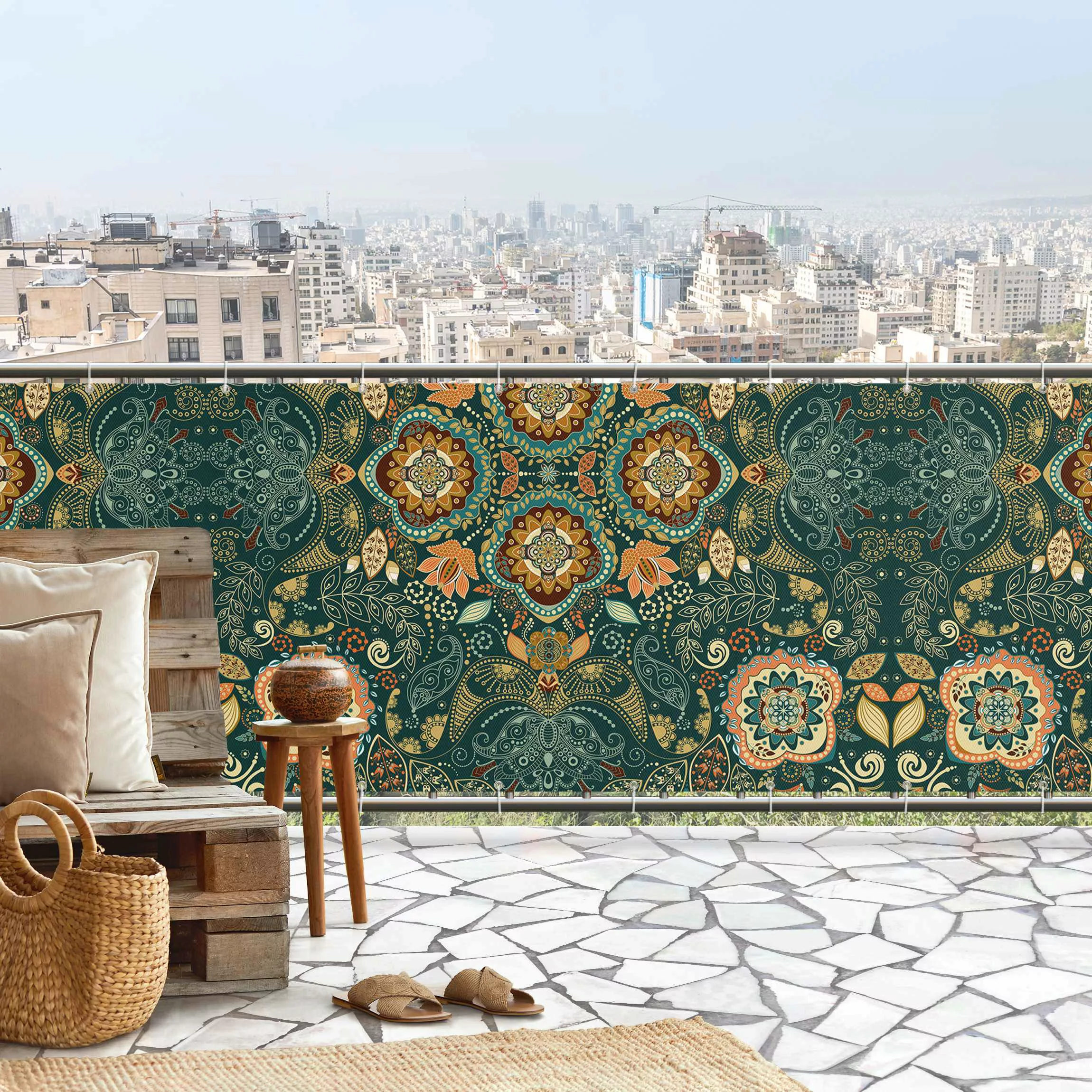 Balkon Sichtschutz Detailliertes Boho Muster in Grün günstig online kaufen