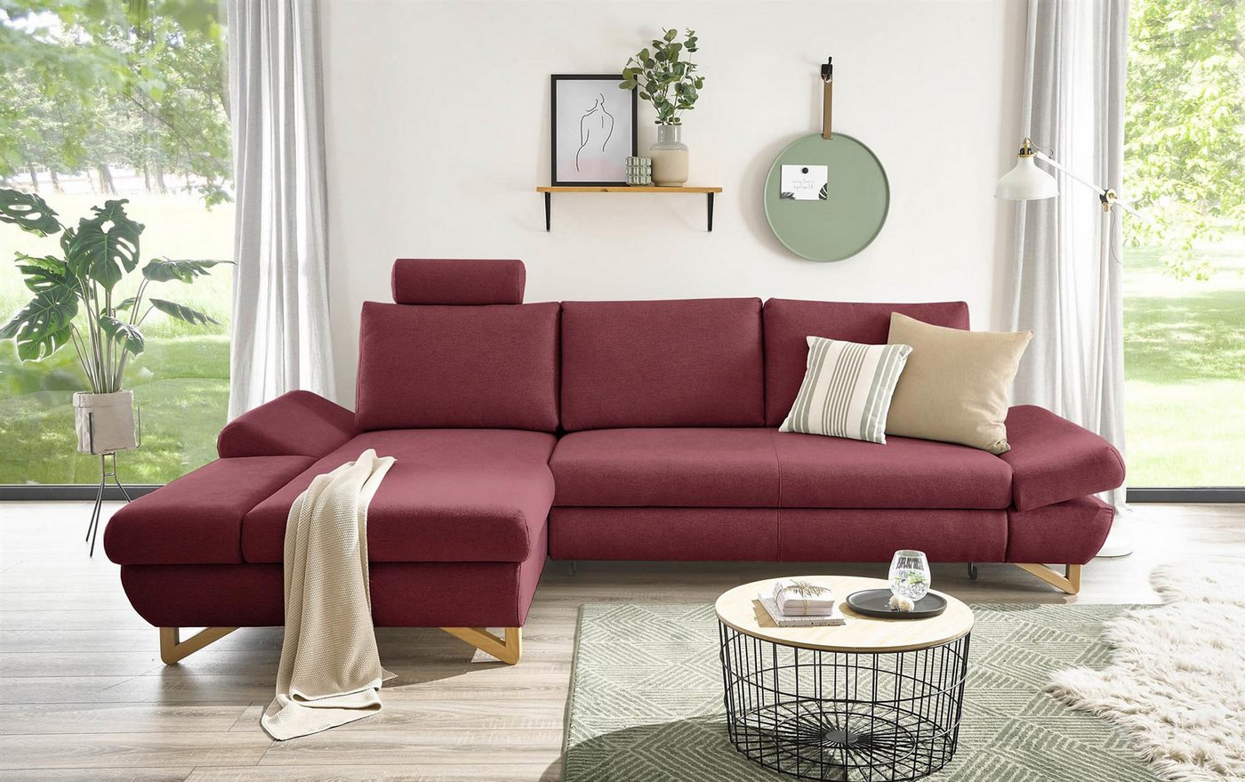 Design-Wohngalerie Sofa Ecksofa Halsta - Velourstoff Bordeaux, Recamiere li günstig online kaufen