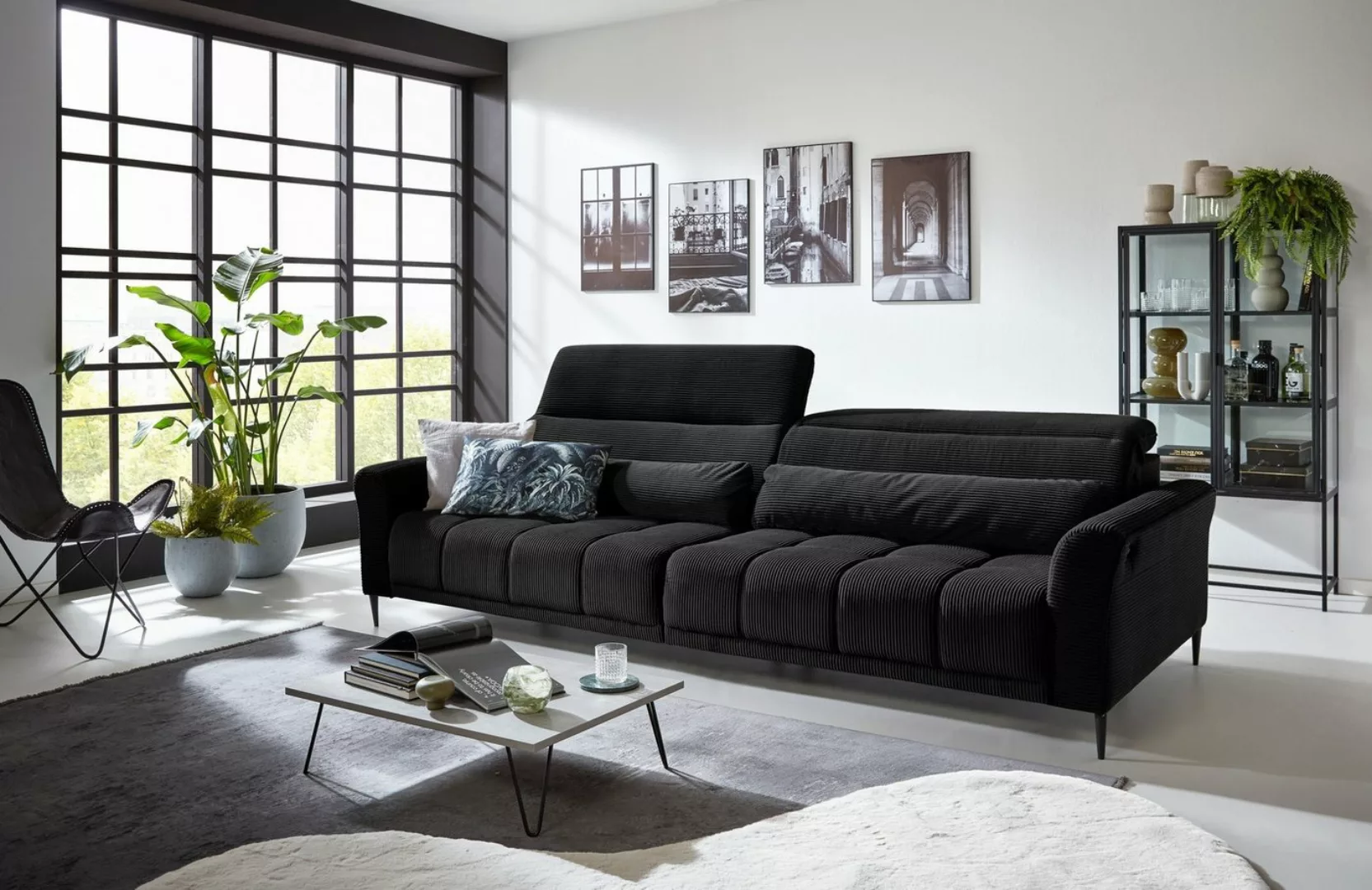 Iwaniccy Big-Sofa 2x elektr. Verstellung, 2 Kissen, Cord schwarz - 280x108x günstig online kaufen