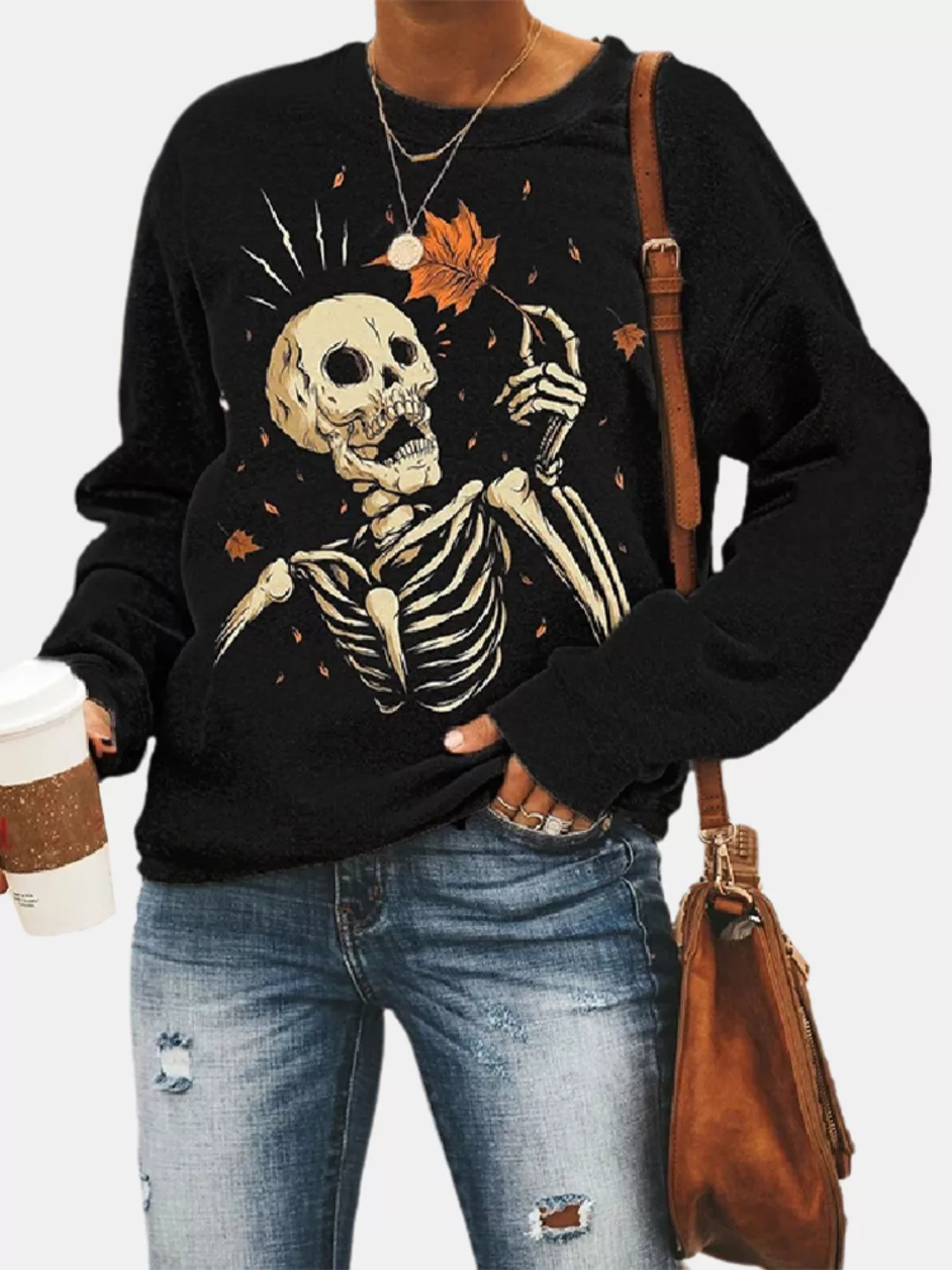 Langarm-Sweatshirt mit O-Ausschnitt und langem Ärmel und Totenkopf für Dame günstig online kaufen