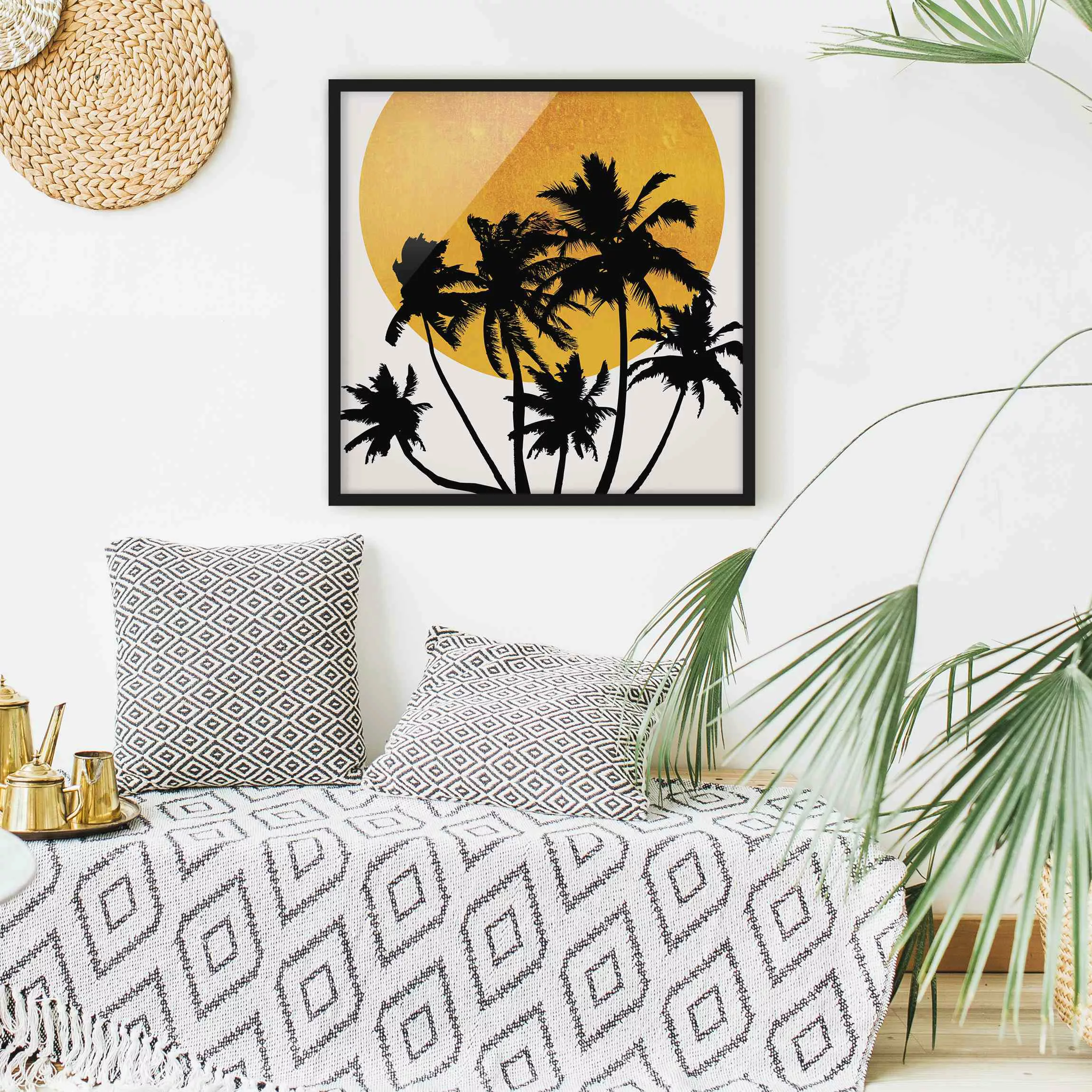 Bild mit Rahmen Palmen vor goldener Sonne günstig online kaufen