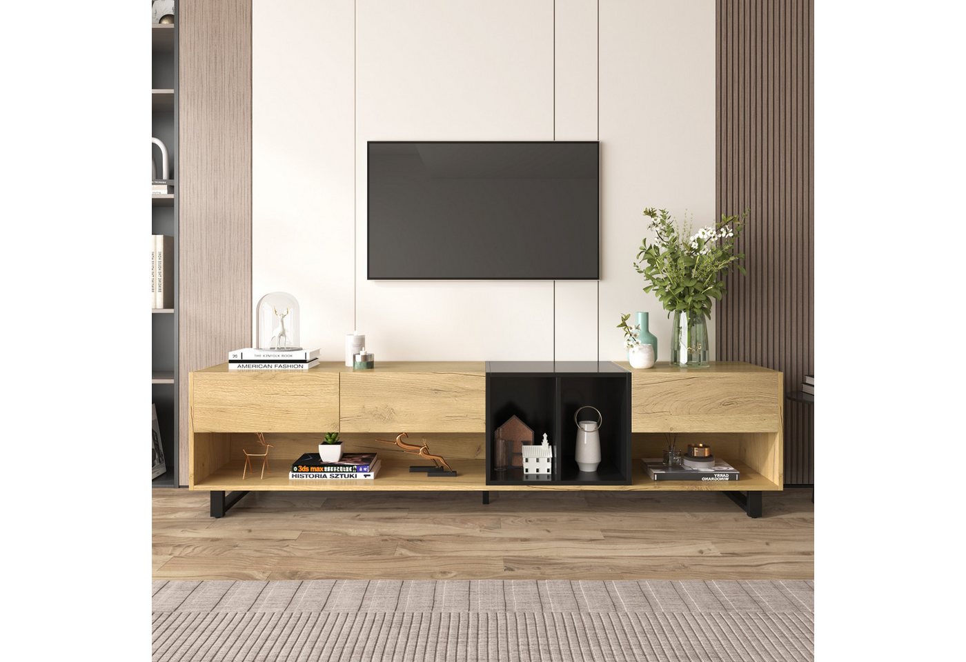LIFEISLE TV-Schrank in Schwarz und Holzfarbe, Wohnzimmermöbel mit Metallbei günstig online kaufen