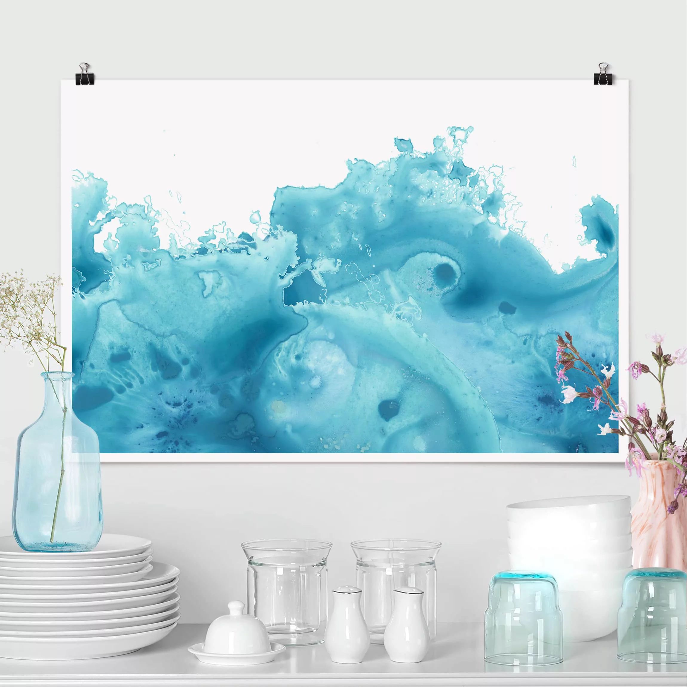 Poster Abstrakt - Querformat Welle Aquarell Türkis I günstig online kaufen