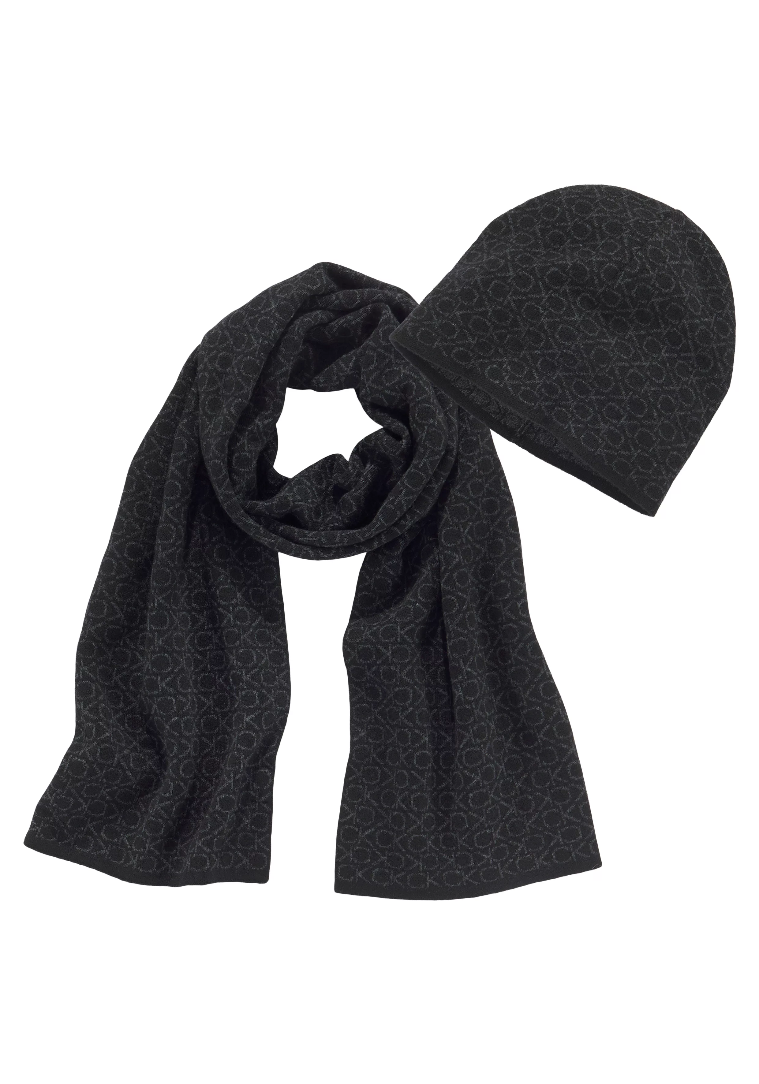 Calvin Klein Strickmütze "GS MONOGRAM SCARF+BEANIE", (2 St.), mit Allover-M günstig online kaufen