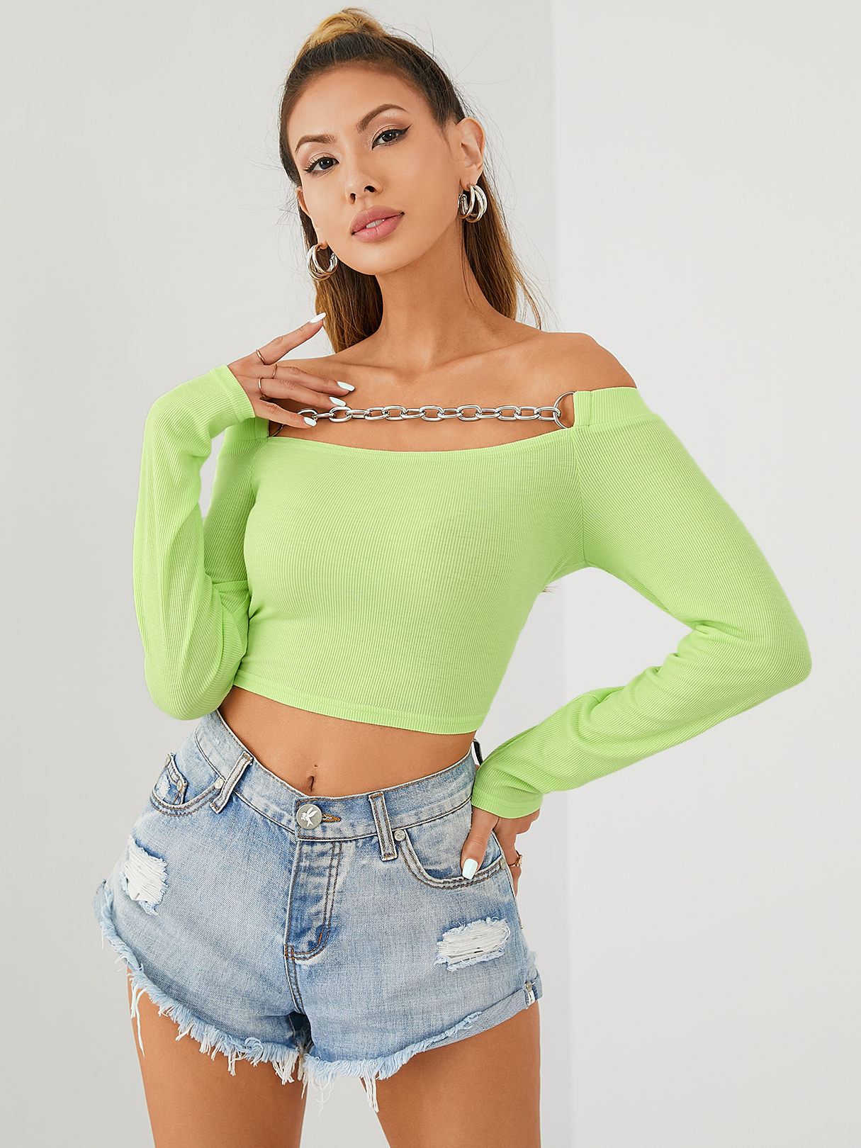 YOINS Chain Design Off The Shoulder Langarm-Crop-Top günstig online kaufen