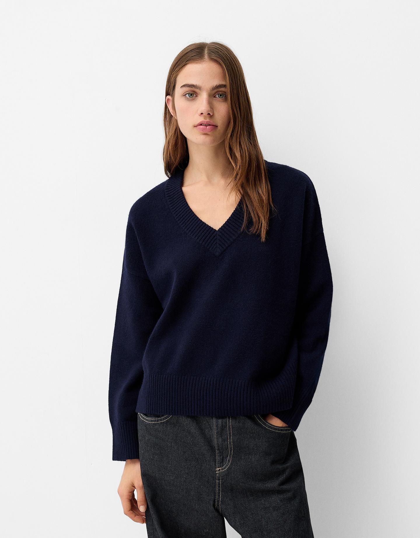 Bershka Oversize-Pullover Mit V-Ausschnitt Damen M Blau günstig online kaufen