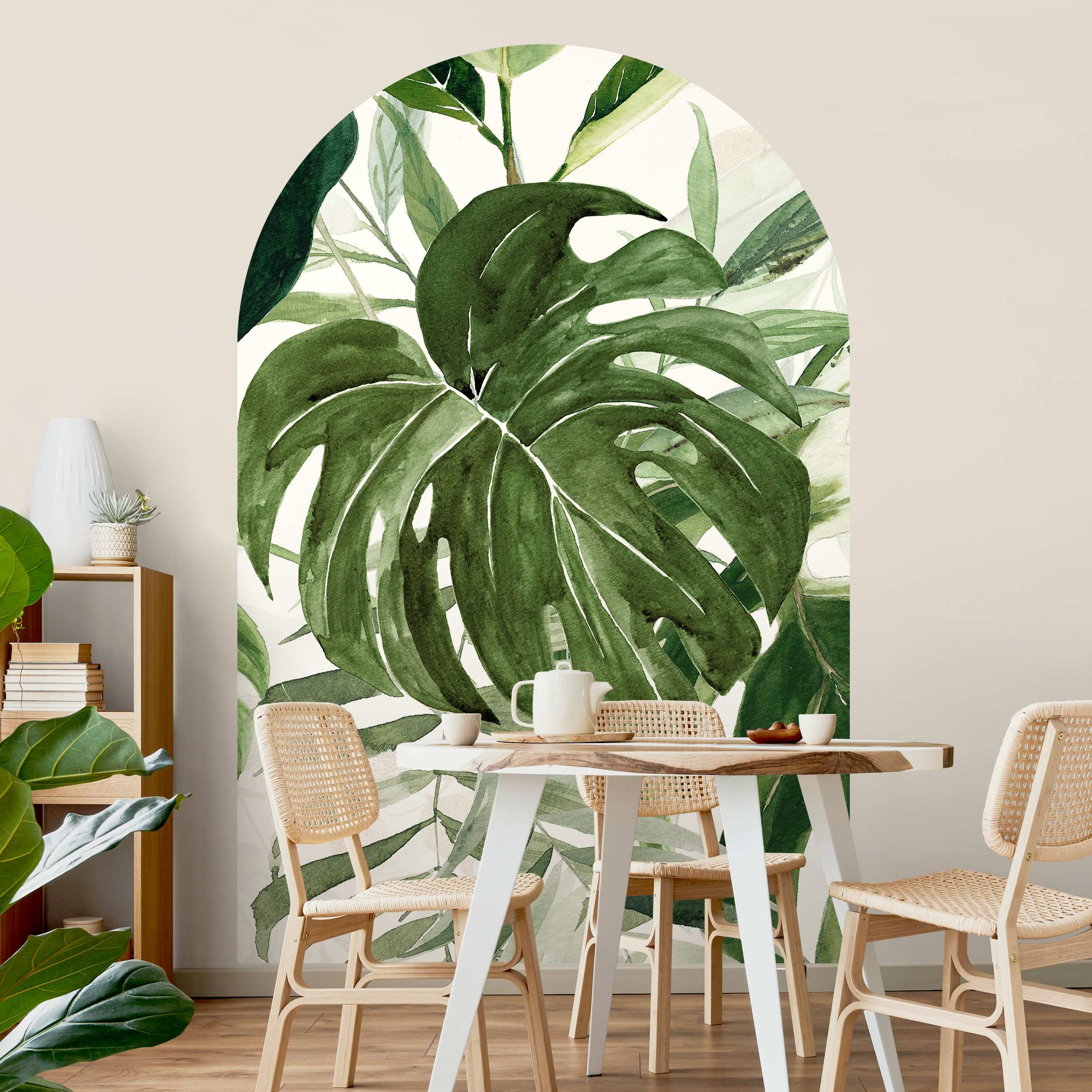 Rundbogen Tapete Aquarell Tropisches Arrangement mit Monstera günstig online kaufen