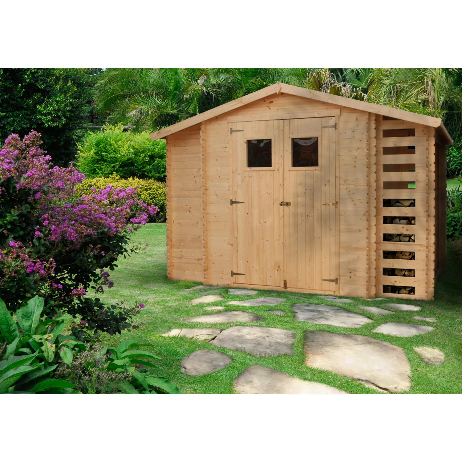 Timbela Gartenhaus Holz mit Schupen und Brennholzregal M389 5,47 m² ohne Bo günstig online kaufen