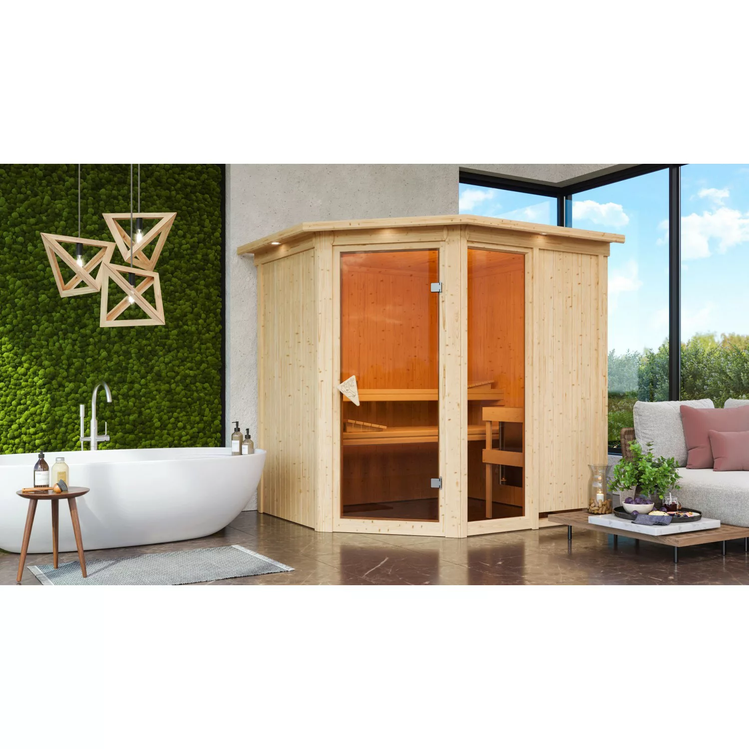 Karibu Sauna Freyja 2 mit Ofen intergrierte Stg.LED-Dachkranz Natur günstig online kaufen