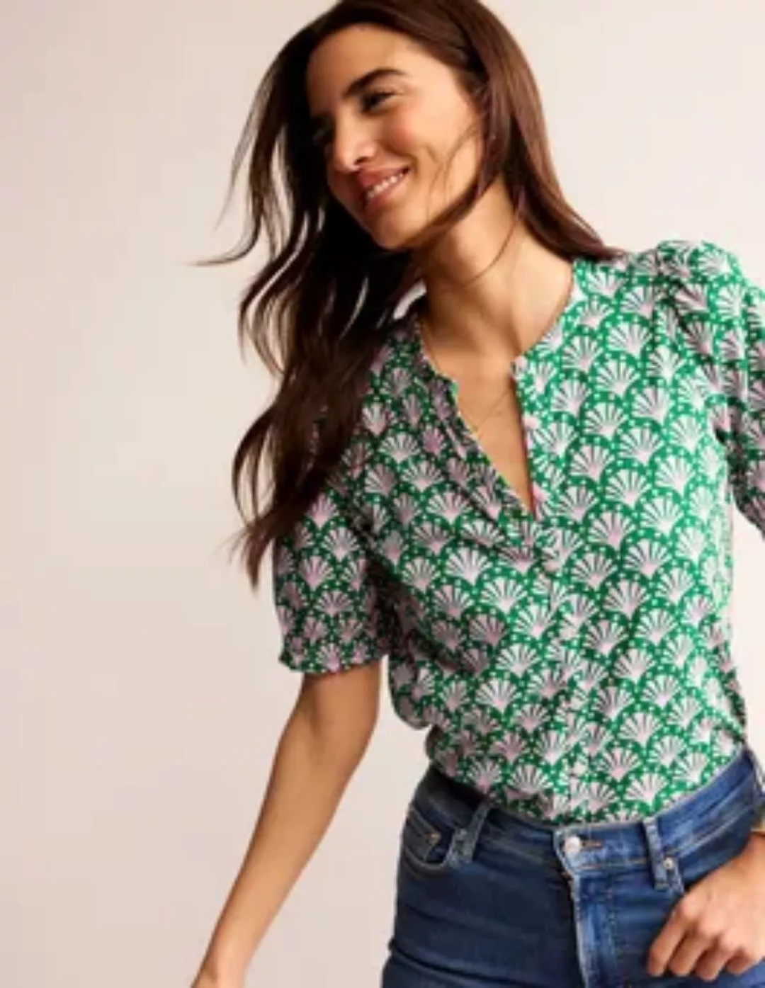 Dolly Jersey-Hemd mit Puffärmeln Damen Boden, Fliederfarben, Muscheln günstig online kaufen