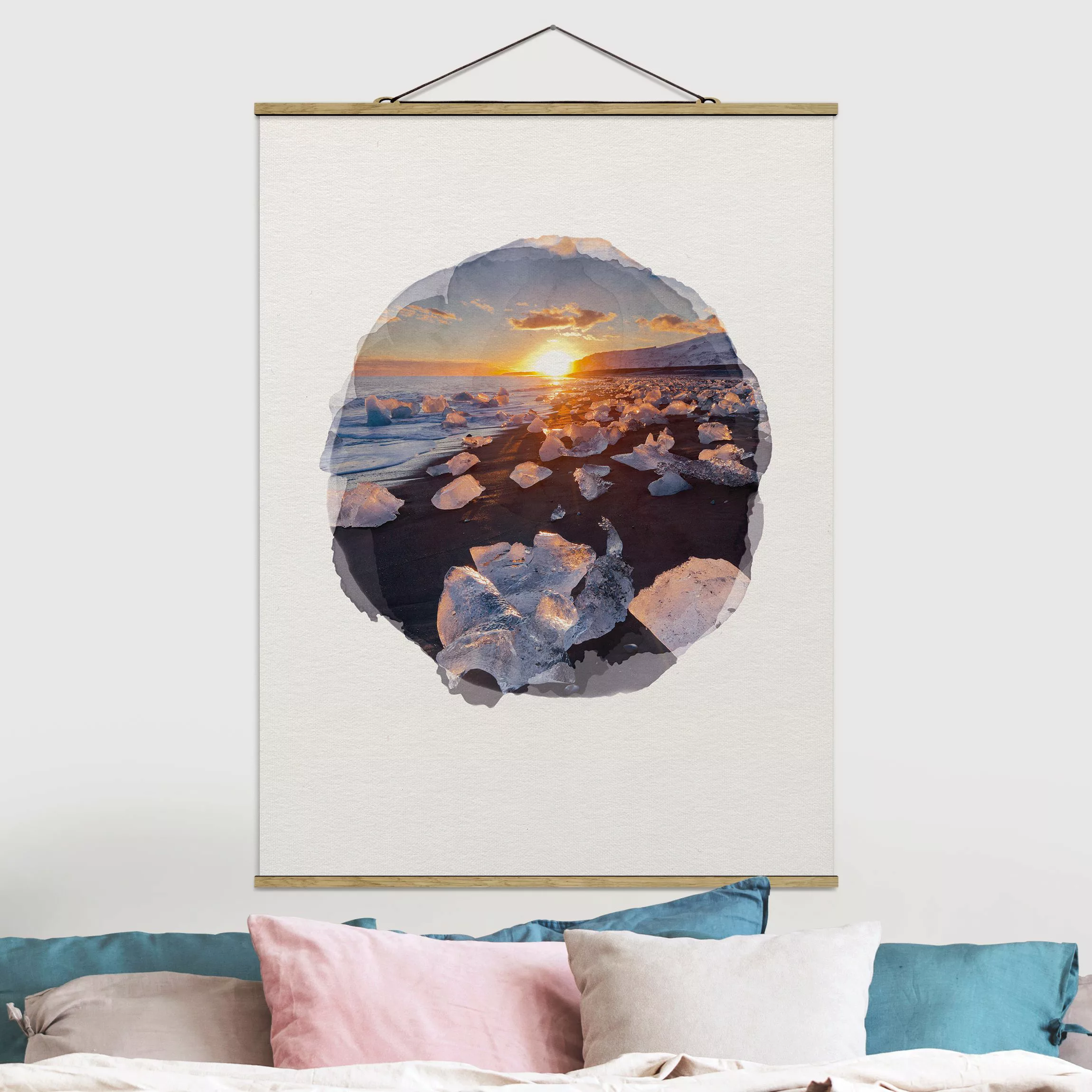 Stoffbild Strand mit Posterleisten - Hochformat Wasserfarben - Eisbrocken a günstig online kaufen