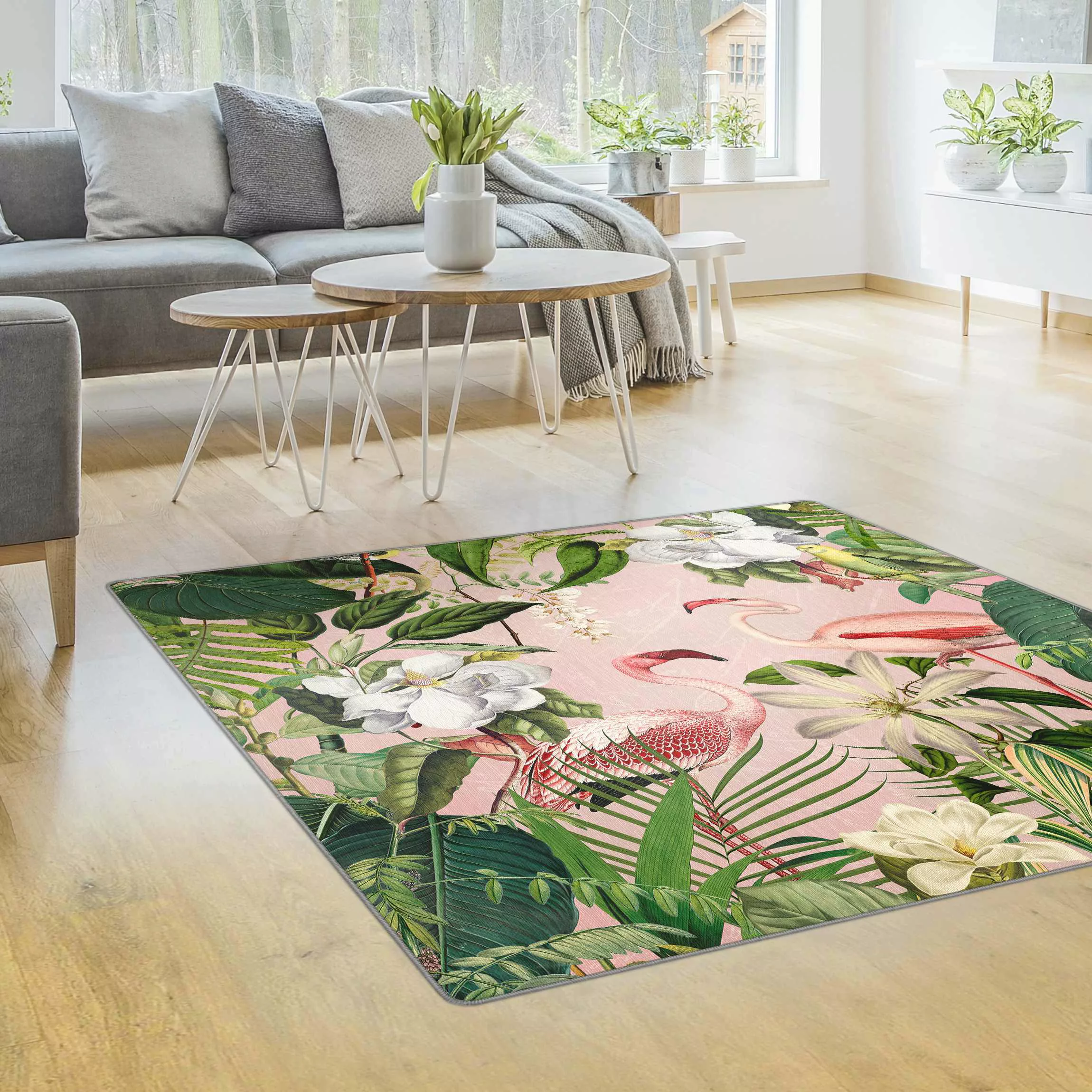 Teppich Tropische Flamingos mit Pflanzen in Rosa günstig online kaufen