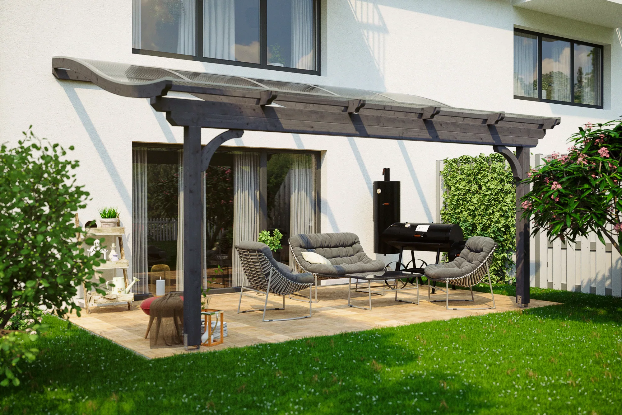 Skan Holz Terrassenüberdachung Verona 541 x 389 cm Leimholz Schiefergrau günstig online kaufen