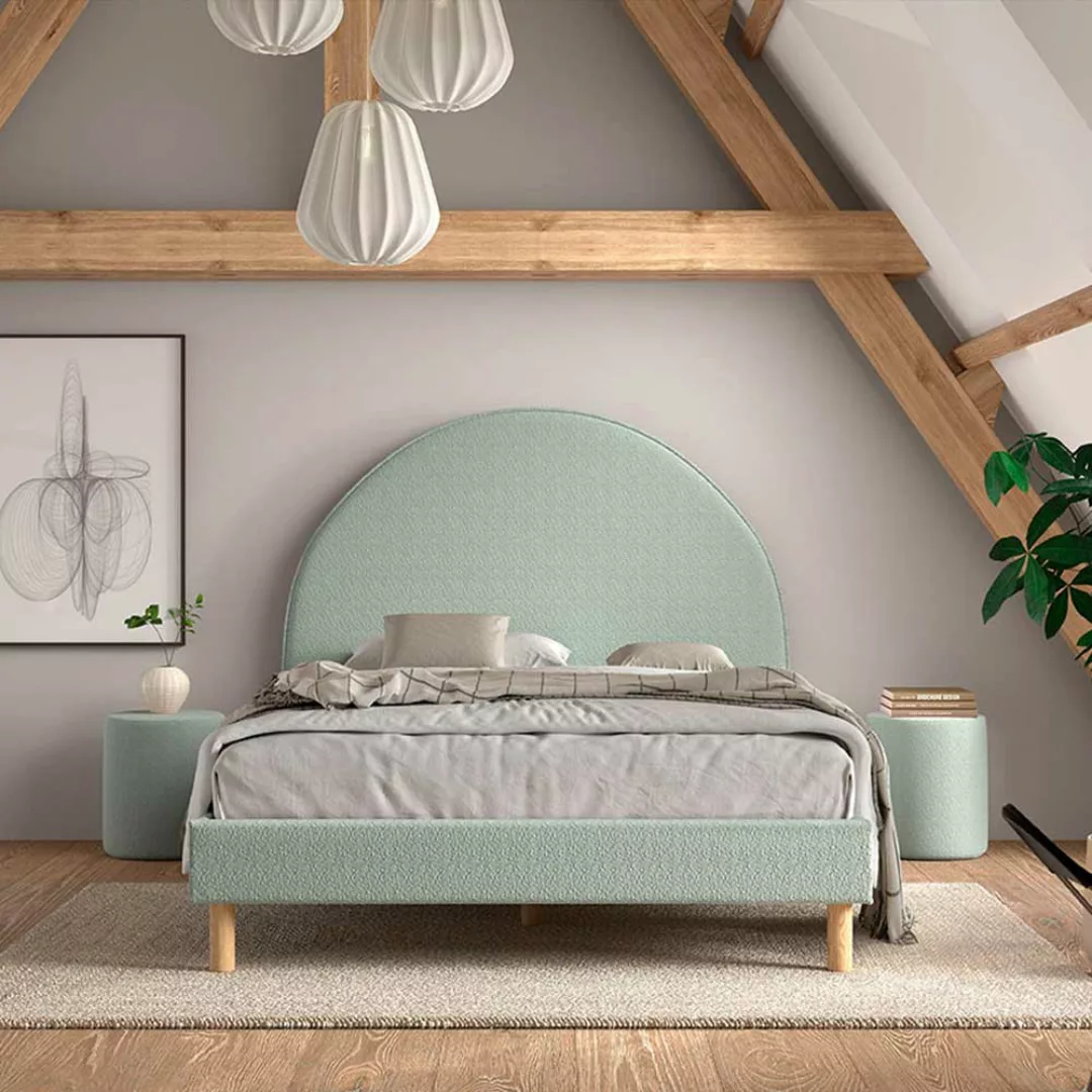 Franzoesisches Bett grün aus Boucle Stoff Skandi Design günstig online kaufen