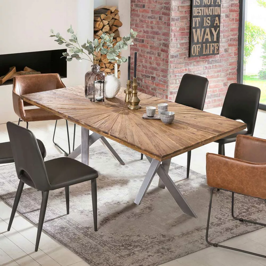 Tisch Massivholz Teak aus Recyclingholz Tischplatte mit Einlegearbeit günstig online kaufen