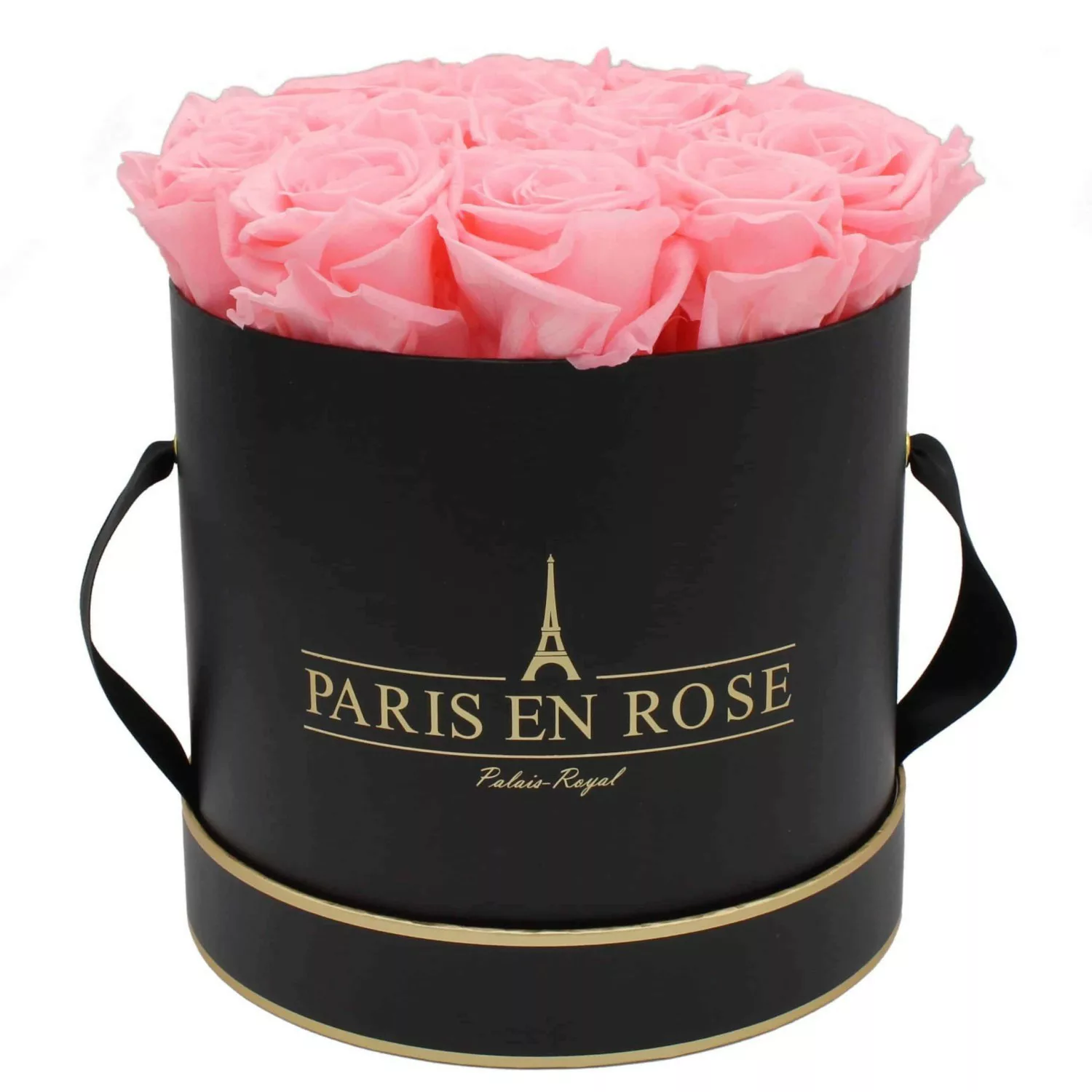 Rosenbox Ø 19 cm Schwarz- Gold mit 14 Rosa Rosen günstig online kaufen
