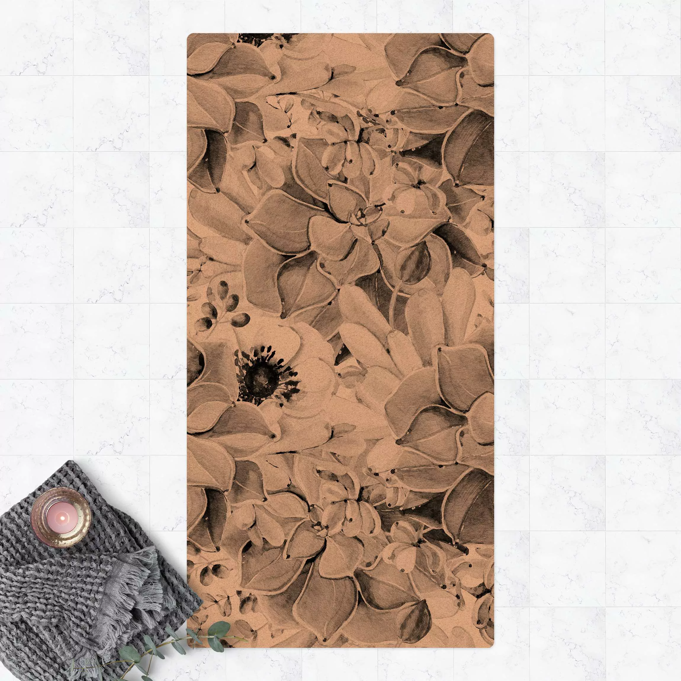 Kork-Teppich Aquarell Sukkulente mit Blüte in Schwarz Weiß günstig online kaufen