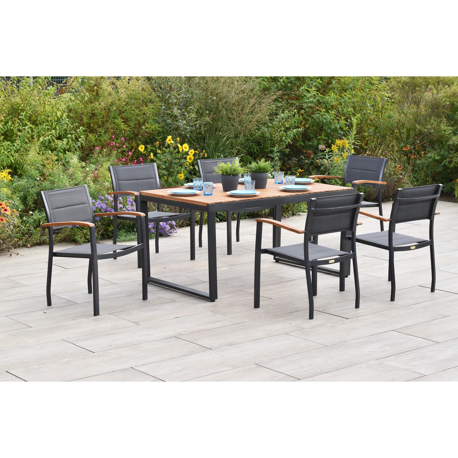 Merxx Paxos Set 7-tlg. 6 Stapelsessel Gartentisch Ausziehbar 150 (200) x 90 günstig online kaufen