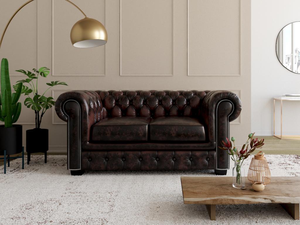 Chesterfield Ledersofa 2-Sitzer - Büffelleder - Braun - BRENTON günstig online kaufen