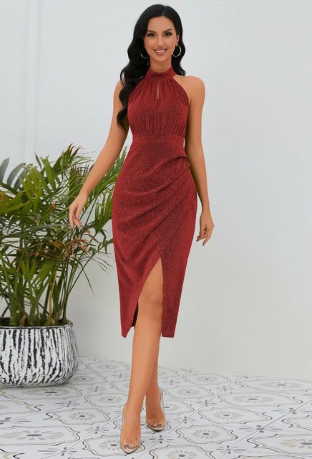 CHENIN Strandkleid Sommerliches glänzendes Slim-Fit-Kleid mit Stehkragen (S günstig online kaufen