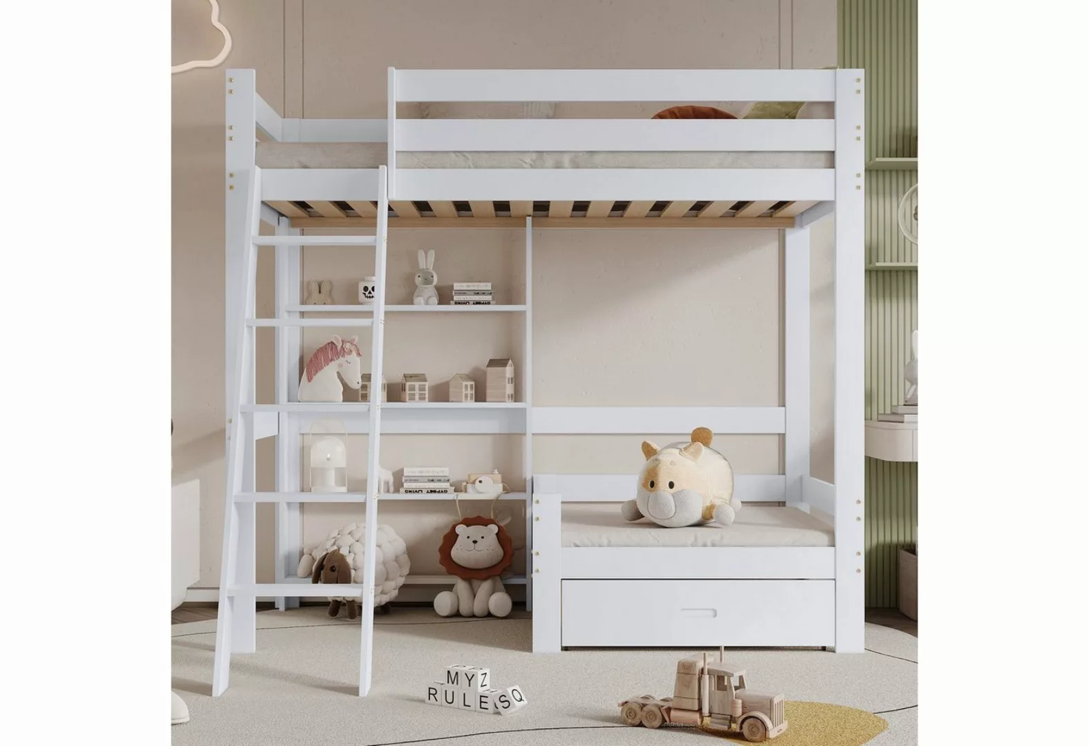 WISHDOR Etagenbett Funktionsbett Kinderbett Holzbett, mit Regalen und Sofa günstig online kaufen