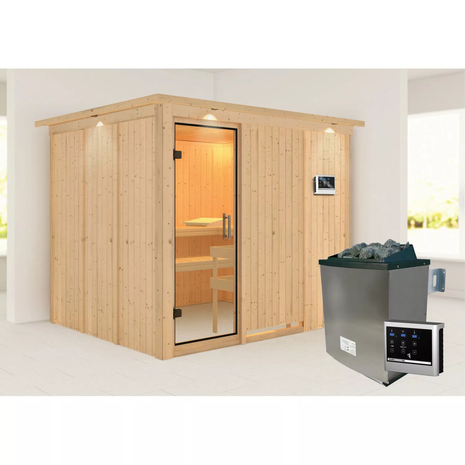Karibu Sauna Gunda mit Ofen externe Stg.Easy LED-Dachkranz Natur günstig online kaufen