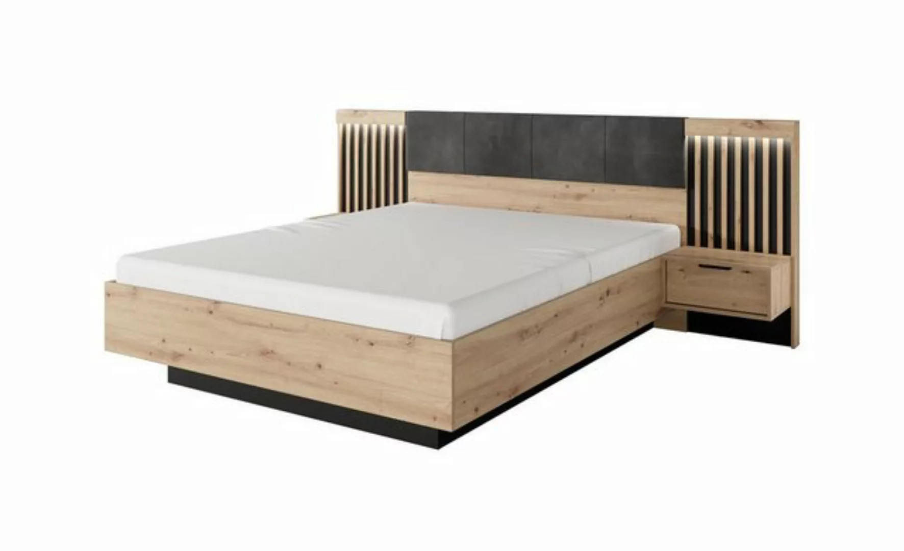 Compleo Bett mit Nachttischen. Modern Schlafzimmer mit Lamellen MONS, Eiche günstig online kaufen