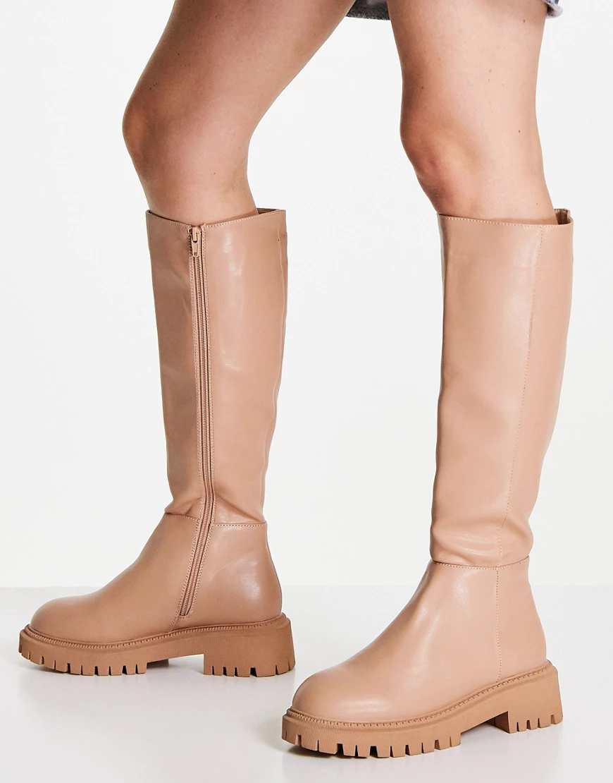 London Rebel – Kniehohe Stiefel zum Hineinschlüpfen in Beige-Drench mit dic günstig online kaufen