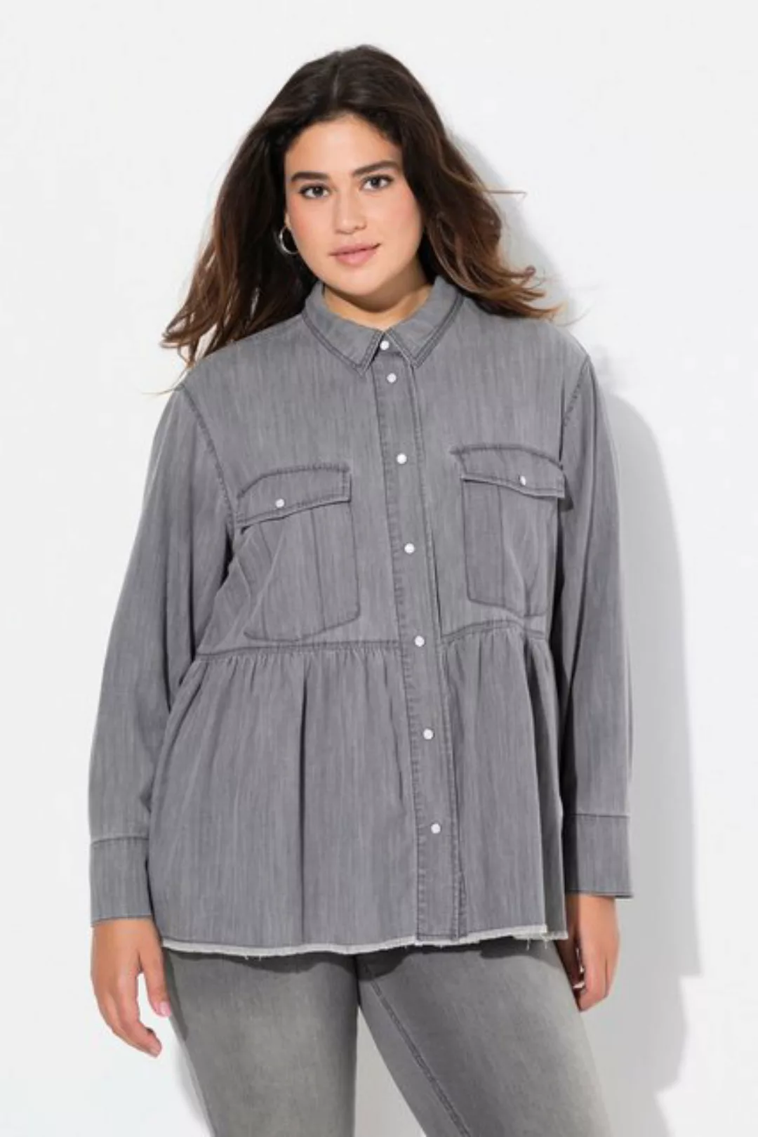 Ulla Popken Longbluse Jeansbluse Volant A-Linie Hemdkragen Langarm günstig online kaufen