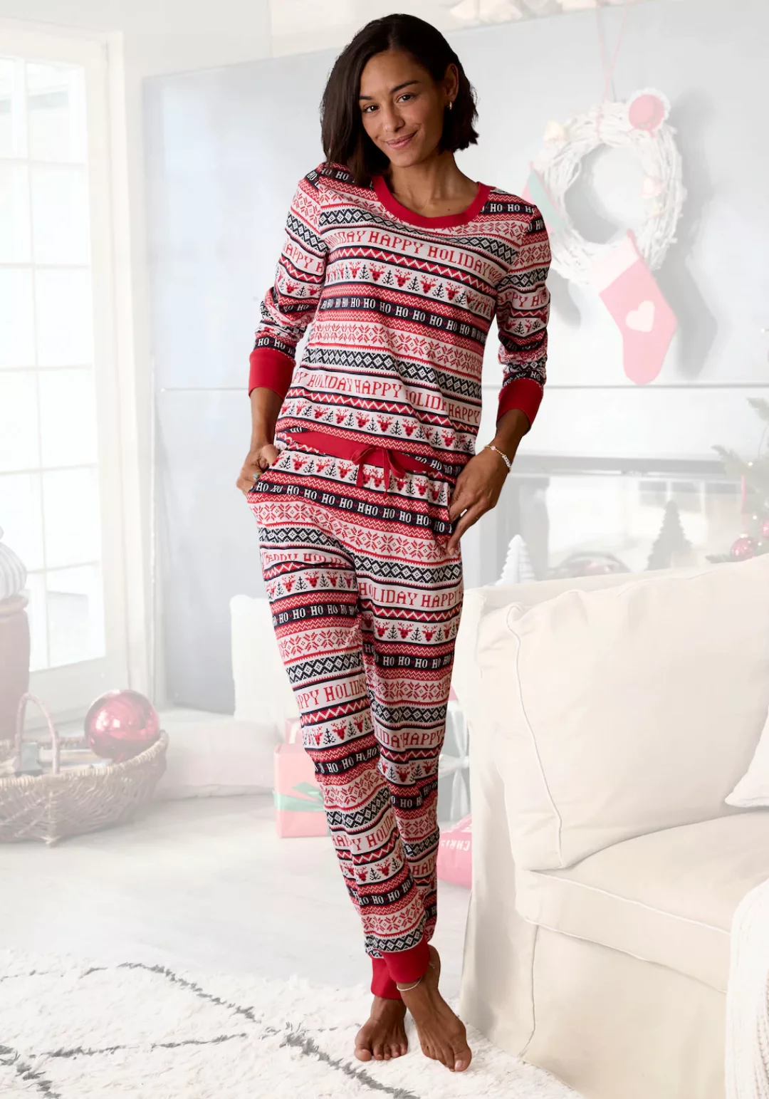 LASCANA Pyjama, (2 tlg.), mit winterlichem Druck günstig online kaufen