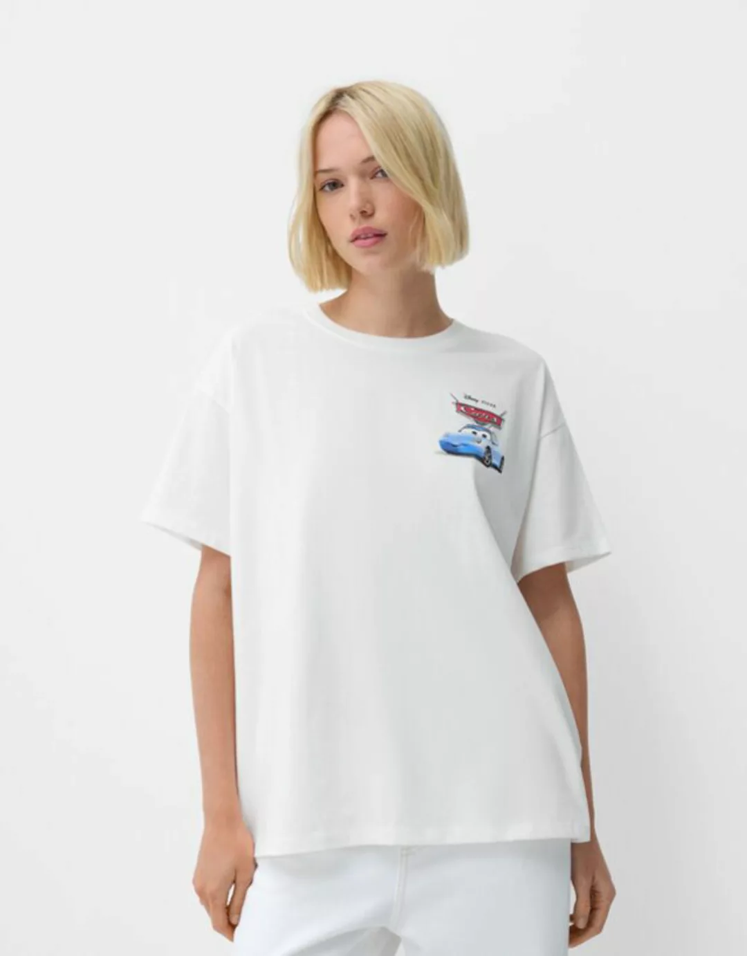 Bershka T-Shirt Cars Mit Kurzen Ärmeln Und Print Damen S Weiss günstig online kaufen