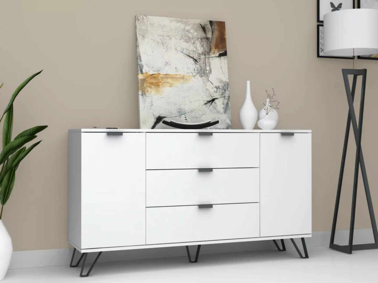 Sideboard mit 2 Türen & 3 Schubladen - Weiß & Schwarz - MENODA günstig online kaufen