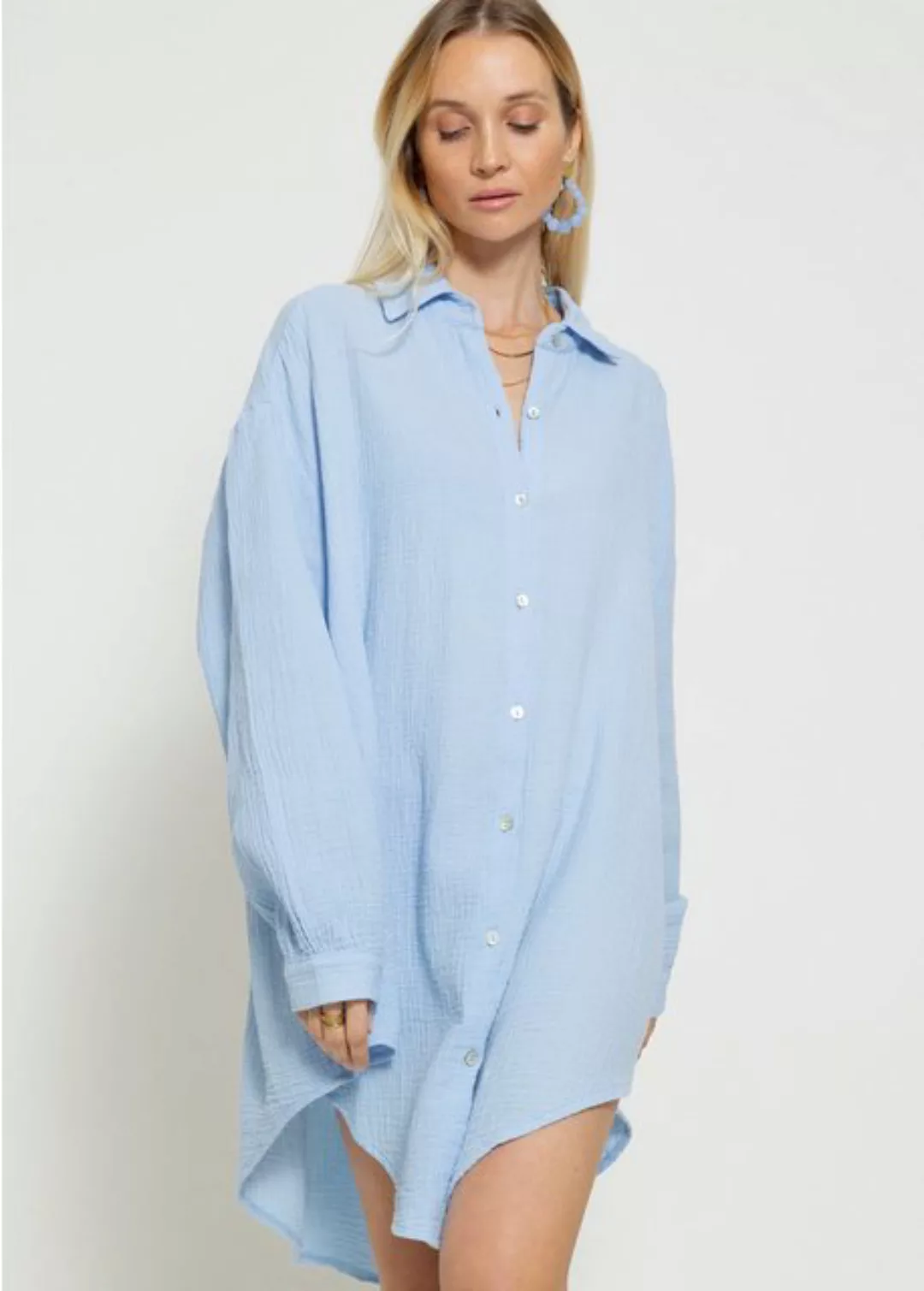 SASSYCLASSY Longbluse Oversize Musselin Bluse Damen Langarm Elegant Hemdblu günstig online kaufen