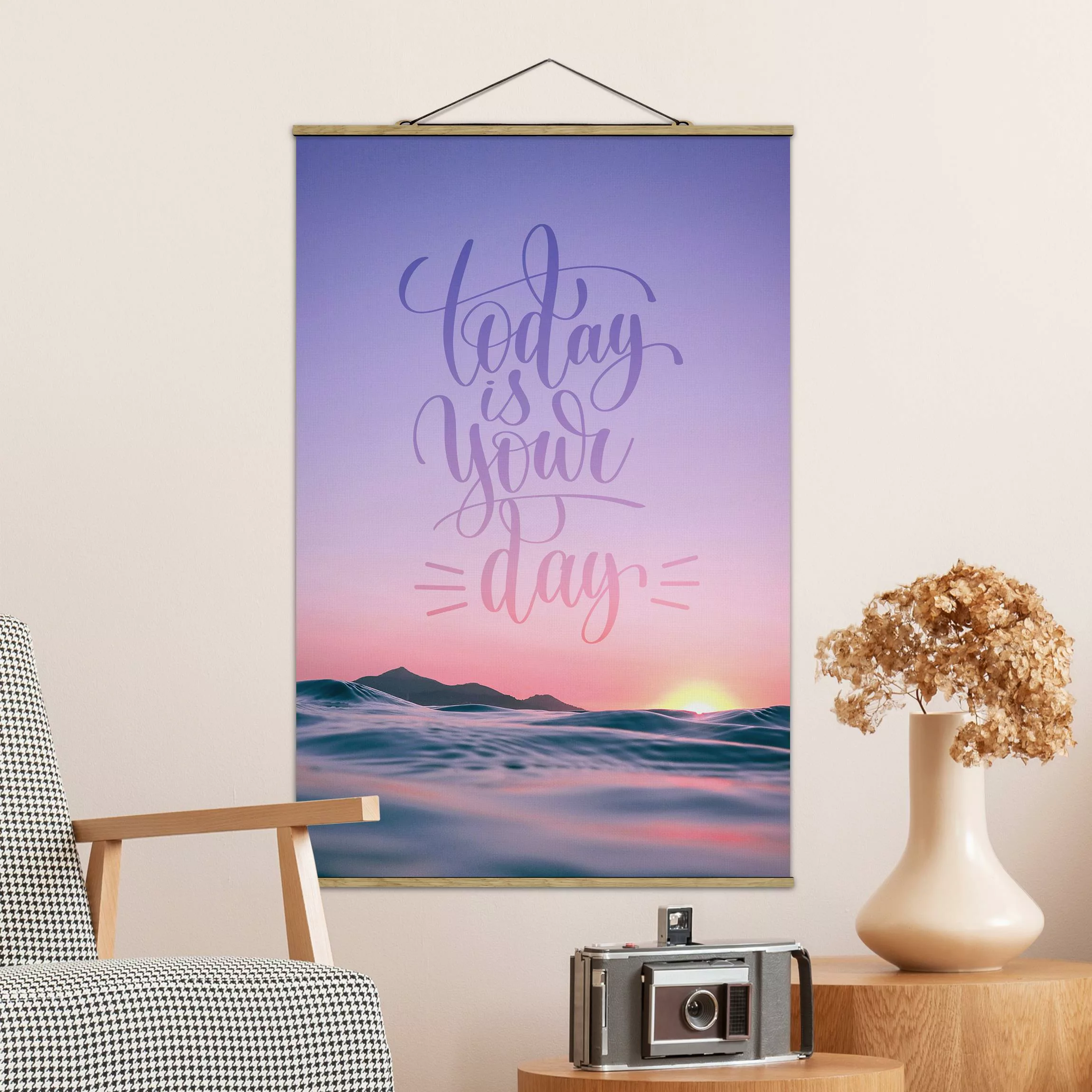 Stoffbild mit Posterleisten Today is your day Sonnenaufgang am Meer günstig online kaufen