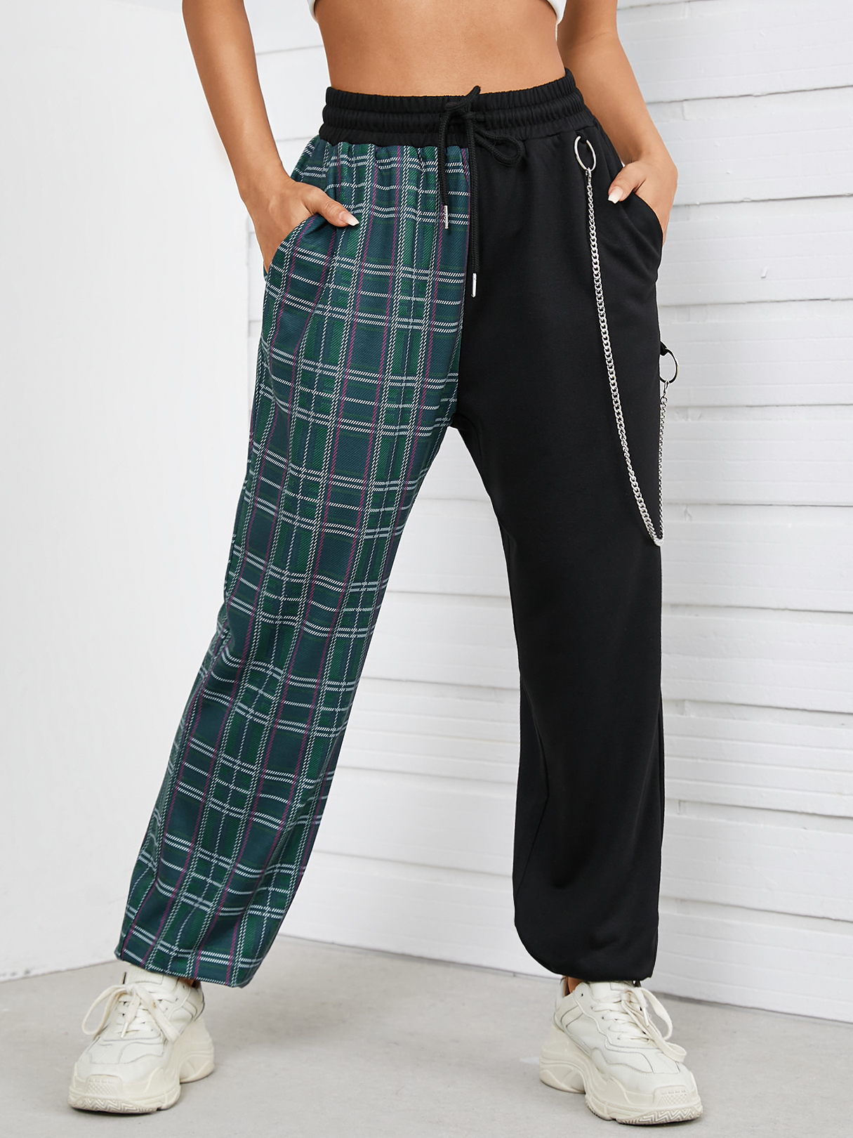 YOINS Black Plaid Patchwork Chain Design Hose günstig online kaufen