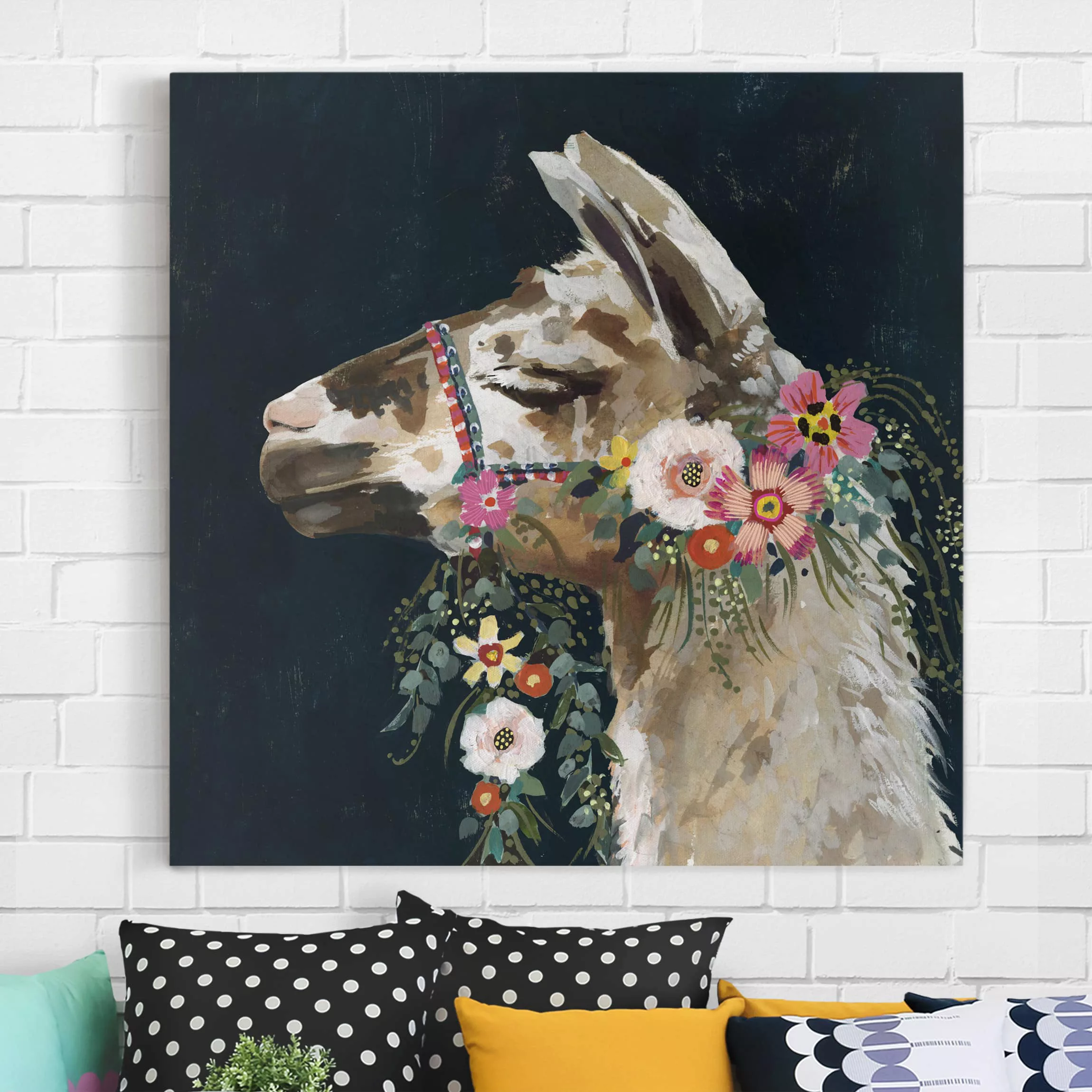 Leinwandbild Tiere - Quadrat Lama mit Blumenschmuck II günstig online kaufen