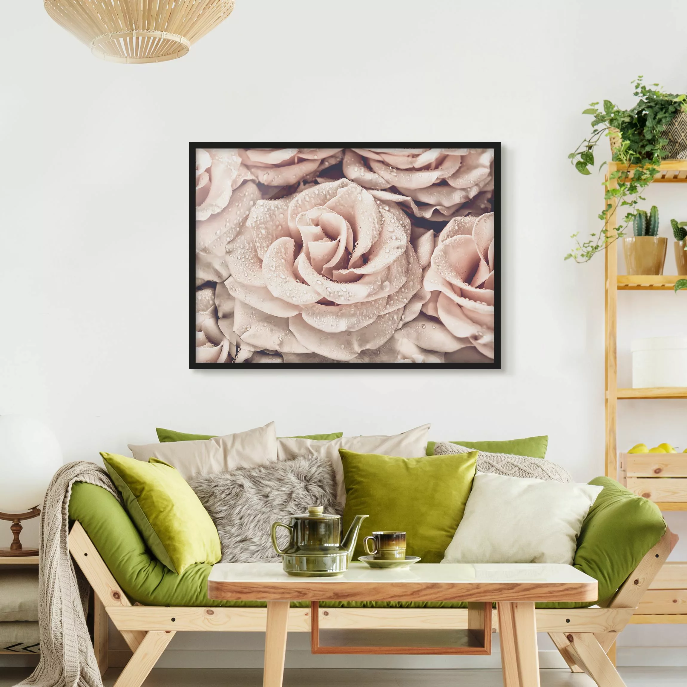 Bild mit Rahmen - Querformat Rosen Sepia mit Wassertropfen günstig online kaufen