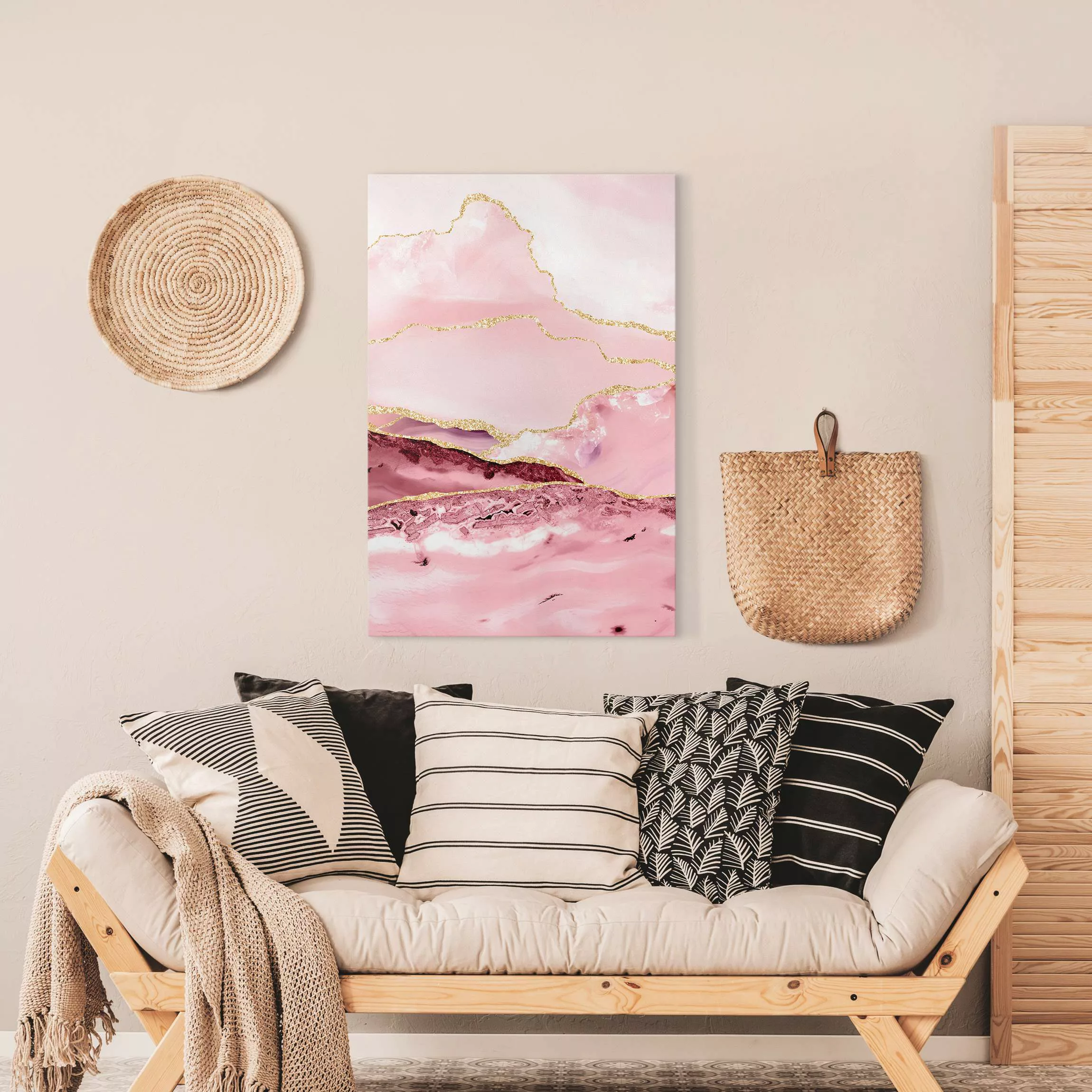 Leinwandbild Abstrakte Berge Rosa mit Goldenen Linien günstig online kaufen