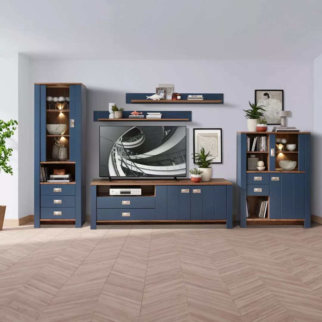 Wohnwand in blau im Landhaus Design DEVON-36 Details in Eiche Nb. 5-teilig, günstig online kaufen