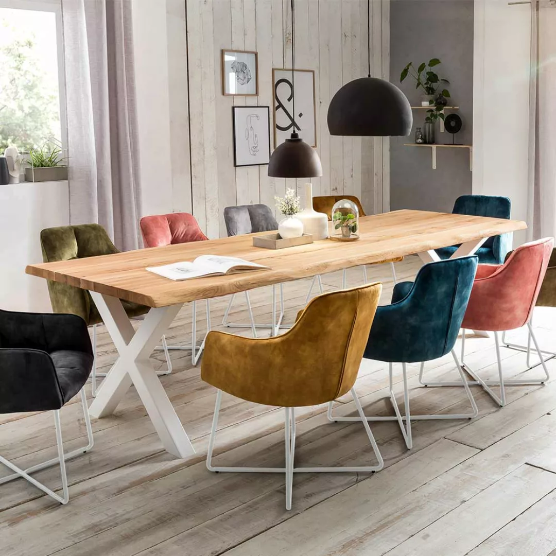 Baumkanten Esszimmertisch aus Eiche Massivholz und Metall modern günstig online kaufen