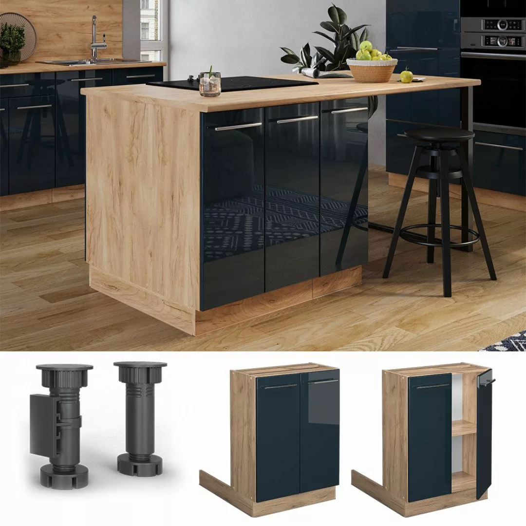 Vicco Unterschrank Fame-Line, Dunkelblau Hochglanz/Goldkraft Eiche, günstig online kaufen